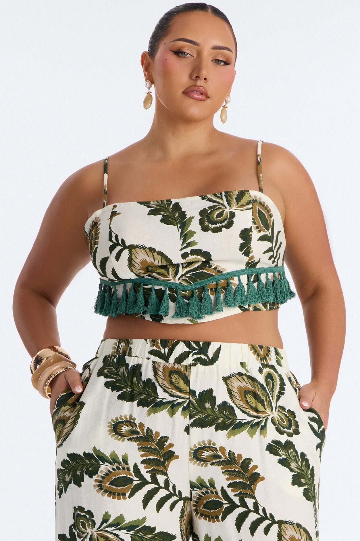 Tropics Linen Fringe Pant Set - Green/combo