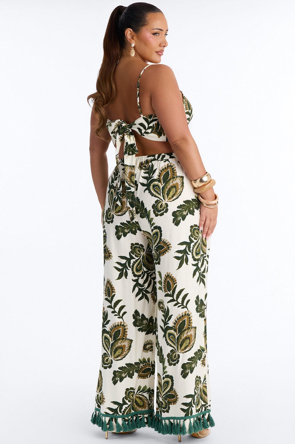 Tropics Linen Fringe Pant Set - Green/combo