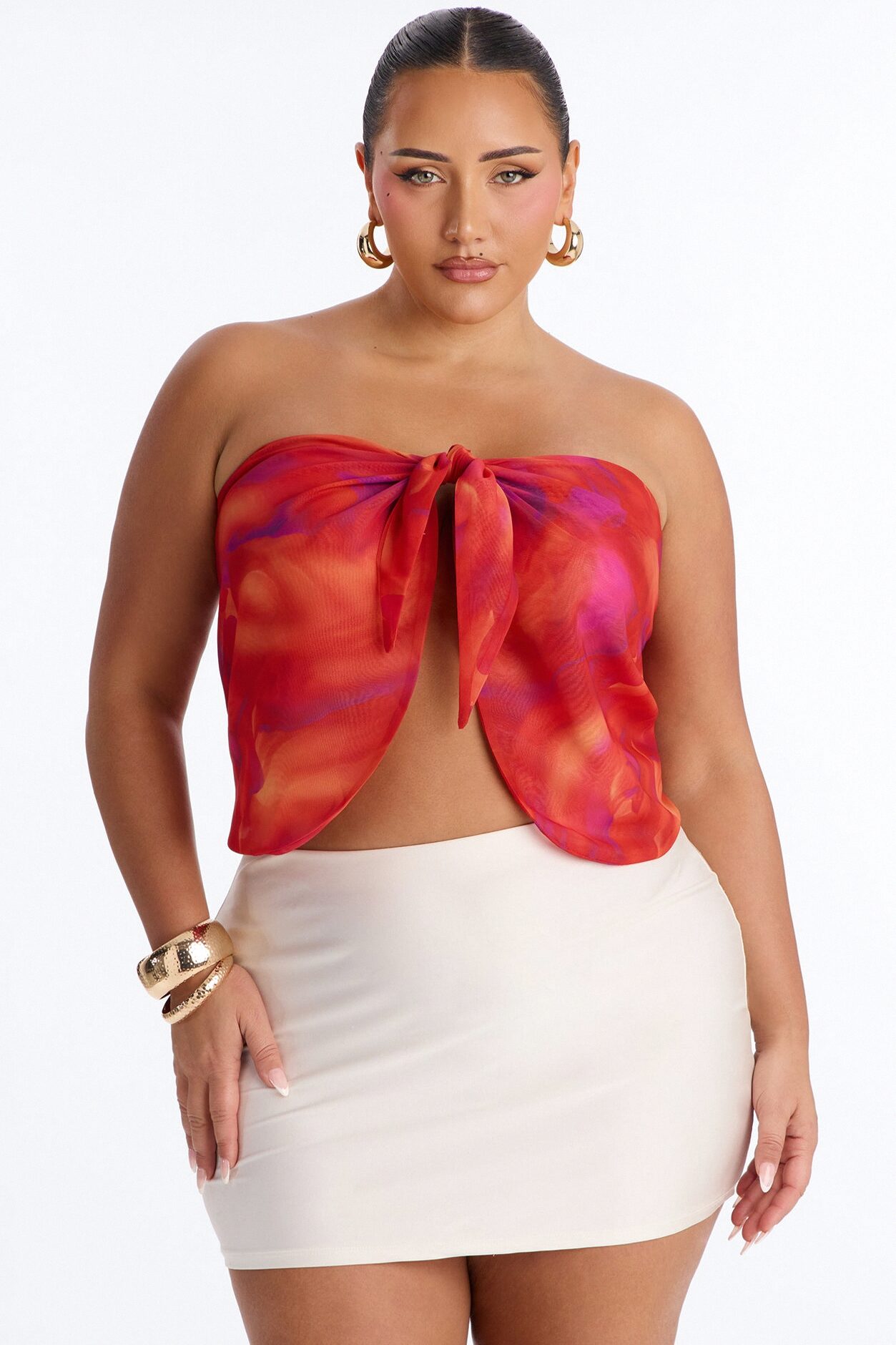 Bali Mornings Chiffon Tie Front Scarf Top - Red/combo
