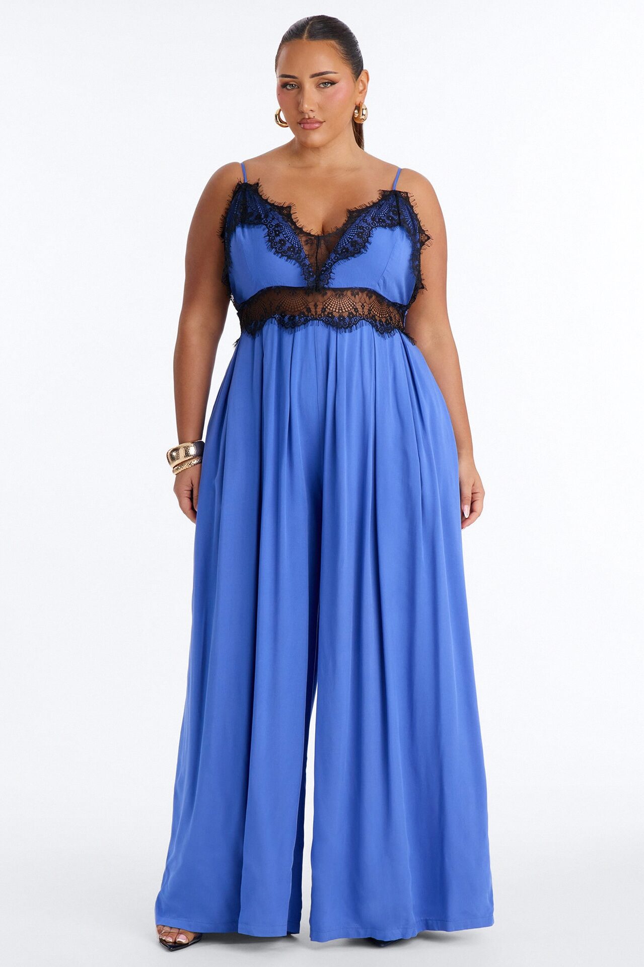 Karmen Lace Trim Wide Leg Jumpsuit - Blue