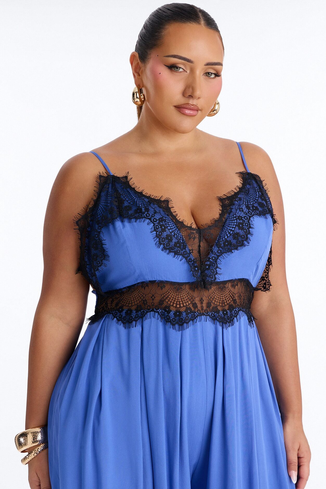Karmen Lace Trim Wide Leg Jumpsuit - Blue