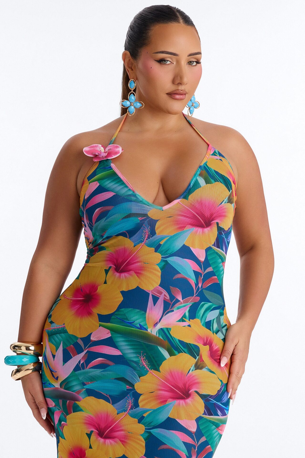 Malia Halter Mesh Maxi Dress - Blue/combo
