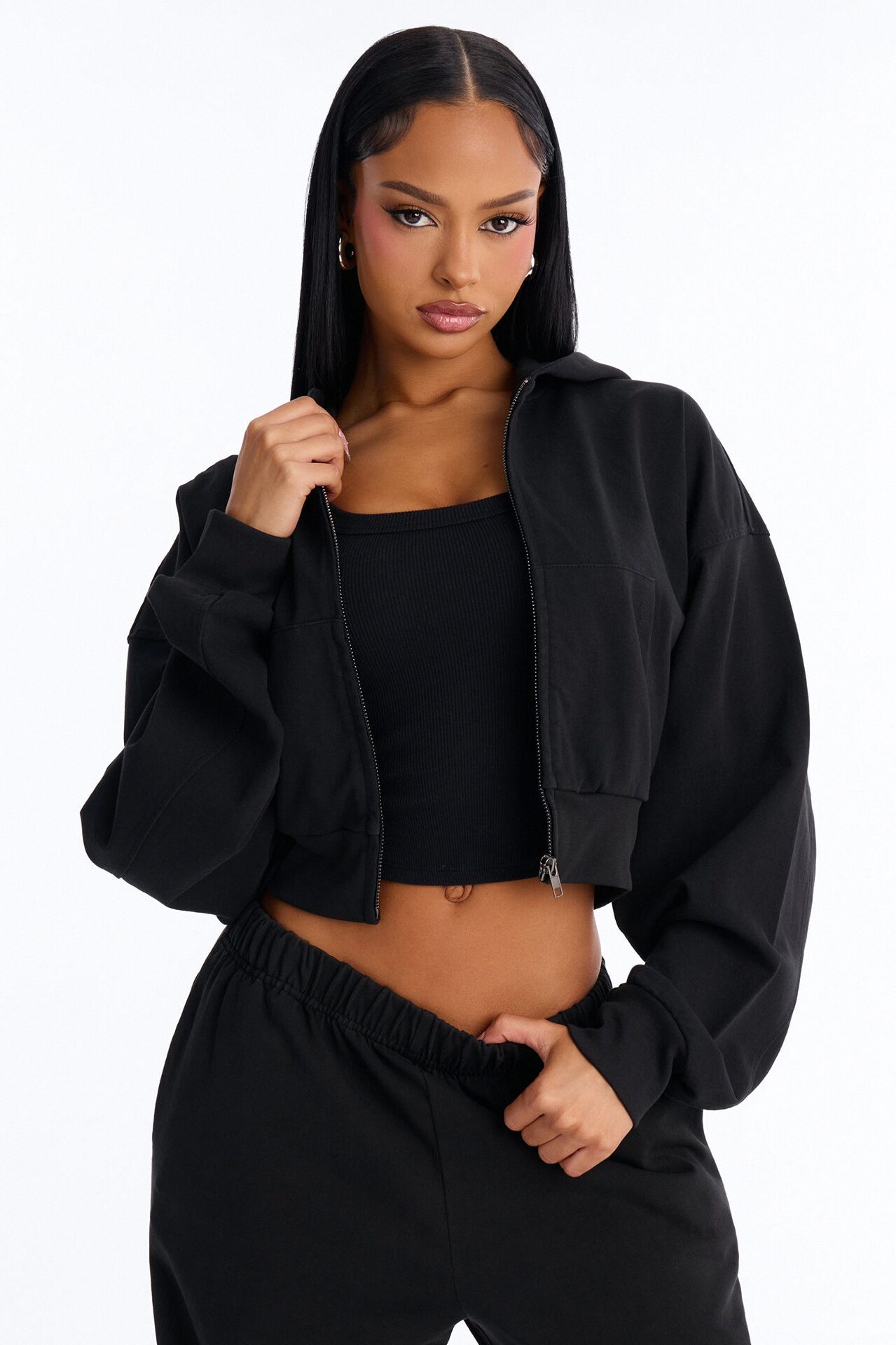 Mylie Cropped Zip Hoodie - Black