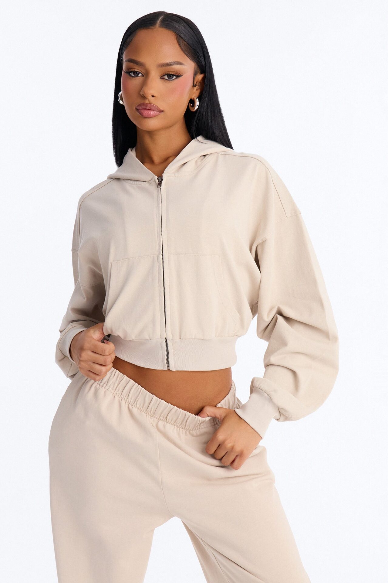 Mylie Cropped Zip Hoodie - Stone