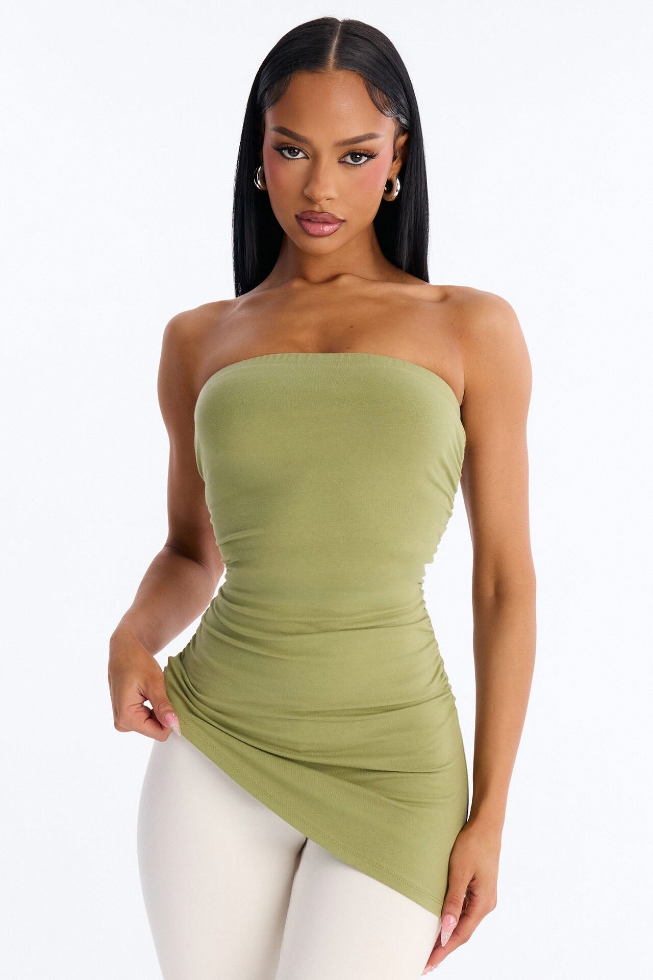 Quinn Asymmetrical Ruched Tube Top - Moss