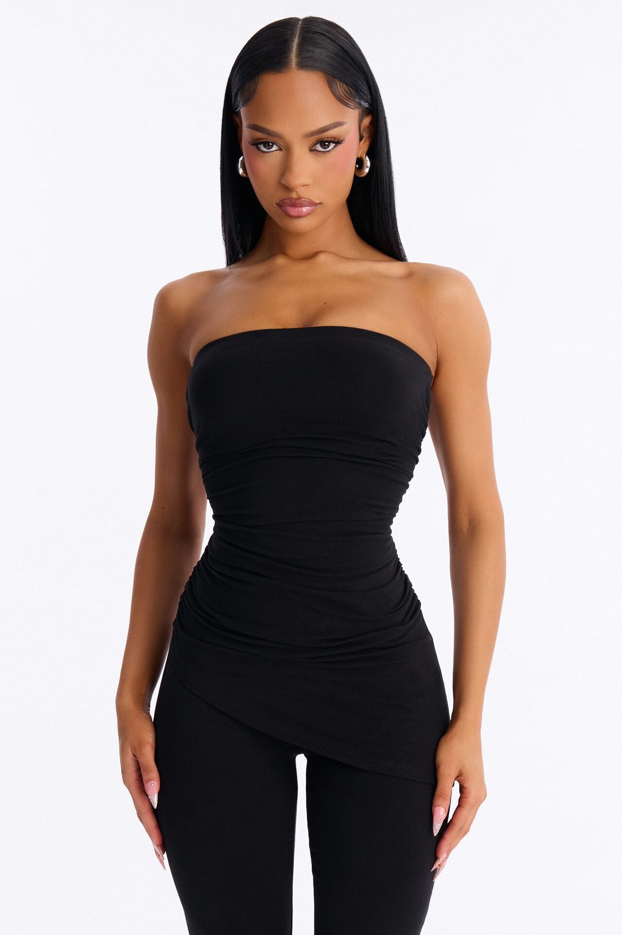 Quinn Asymmetrical Ruched Tube Top - Black