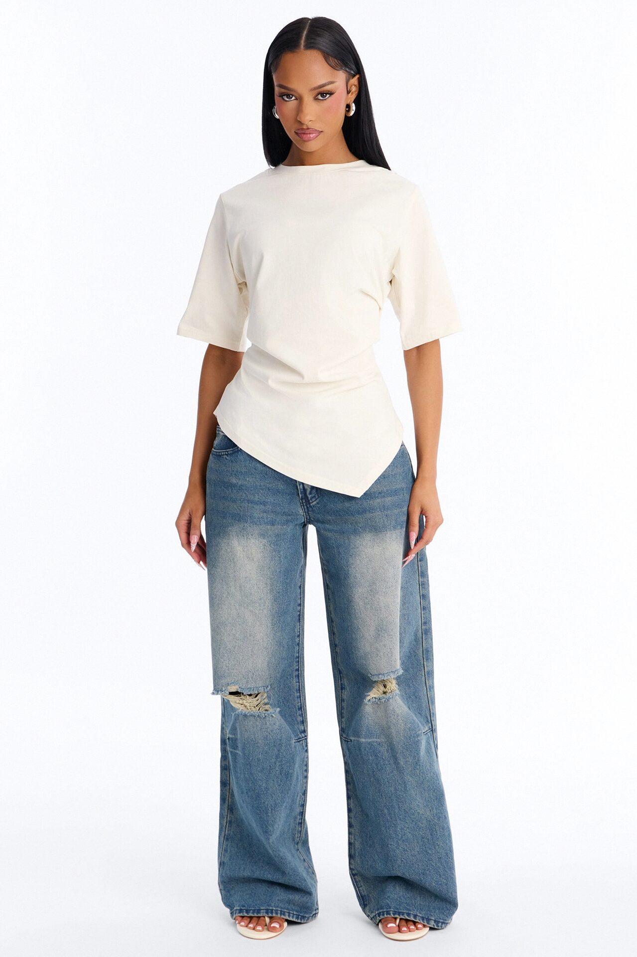 Mila Cinched Waist Asymmetrical T-Shirt - Cream