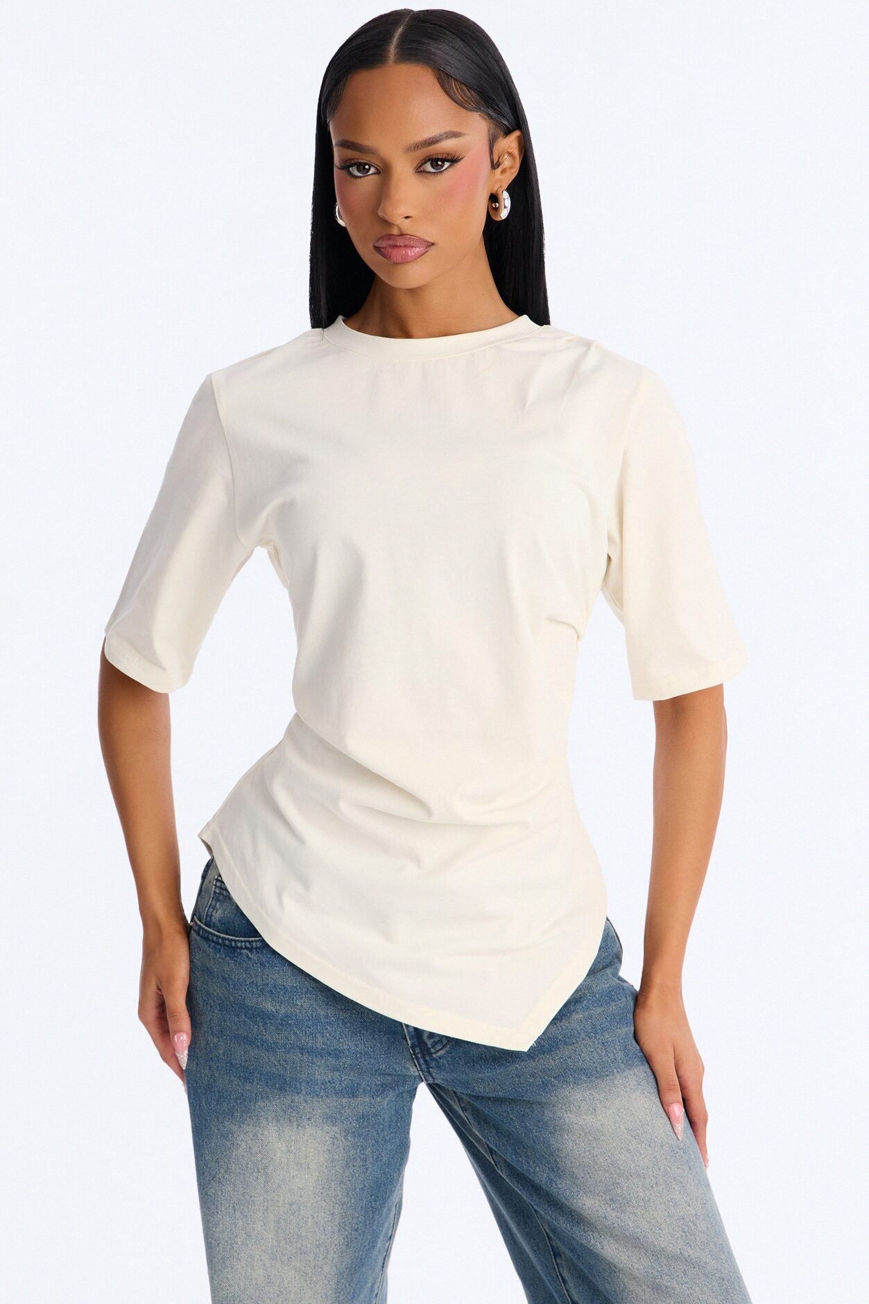 Mila Cinched Waist Asymmetrical T-Shirt - Cream