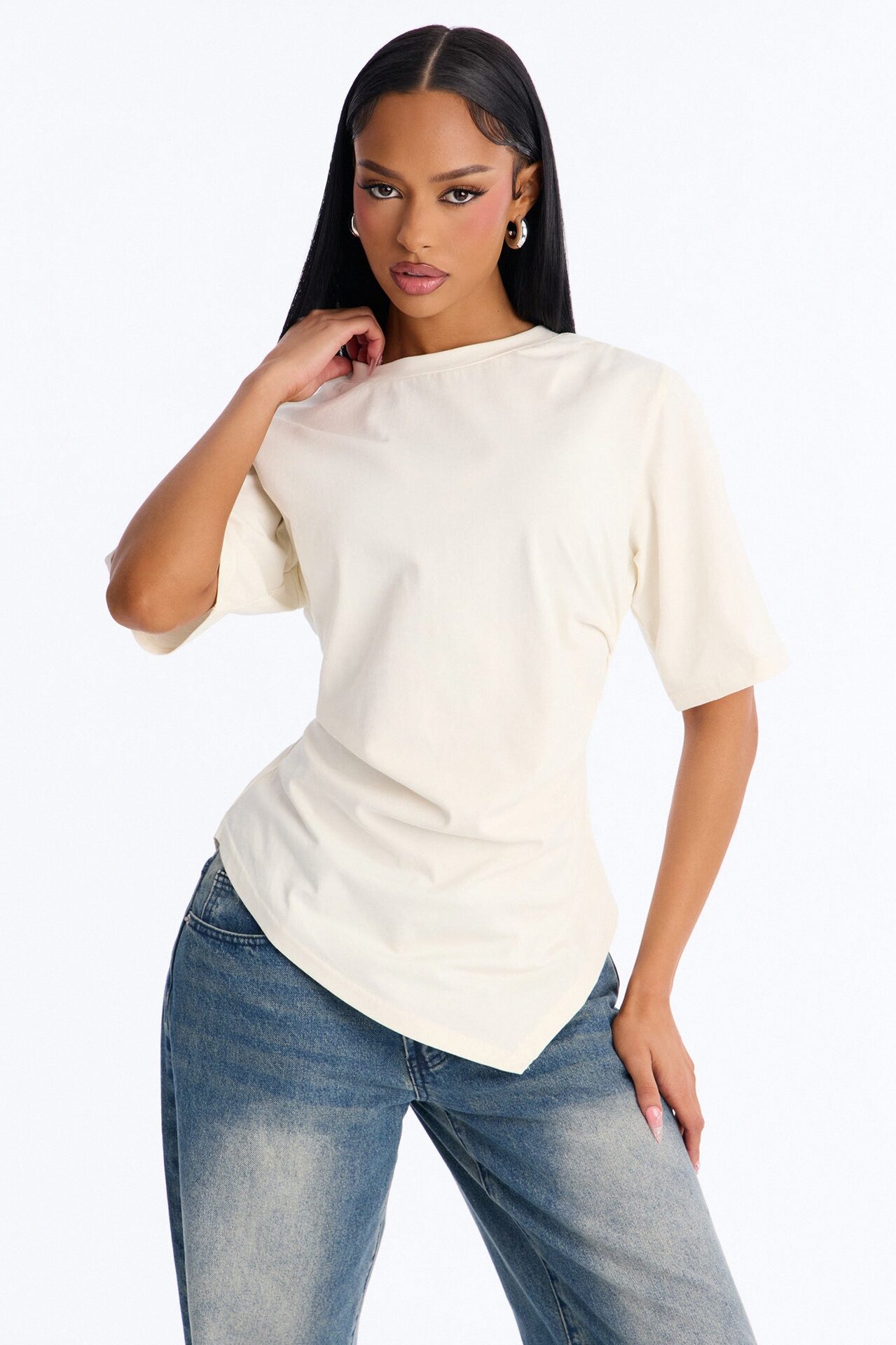 Mila Cinched Waist Asymmetrical T-Shirt - Cream