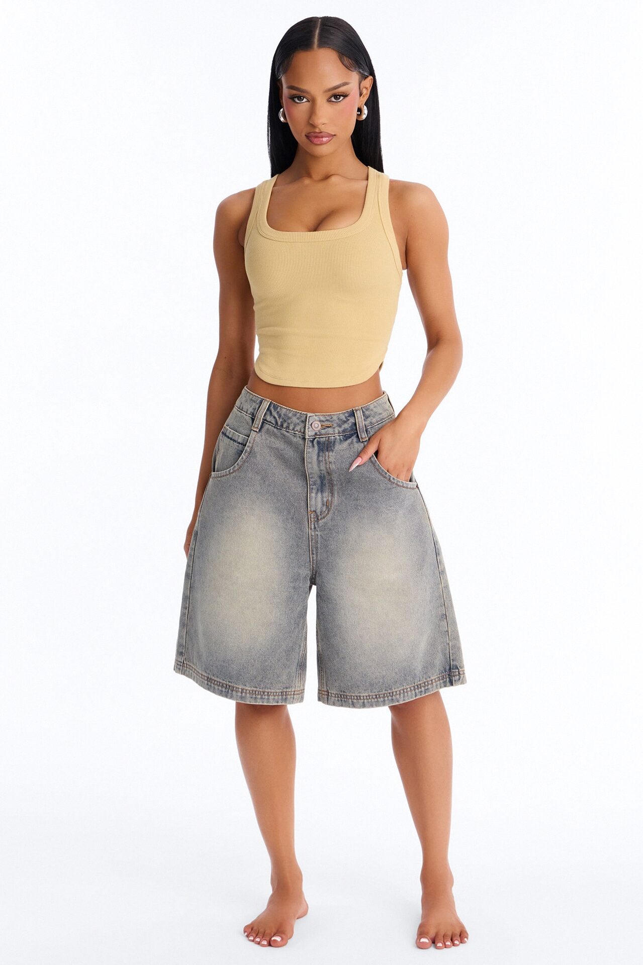 Haily Rib Square Neck Tank Top - Honey