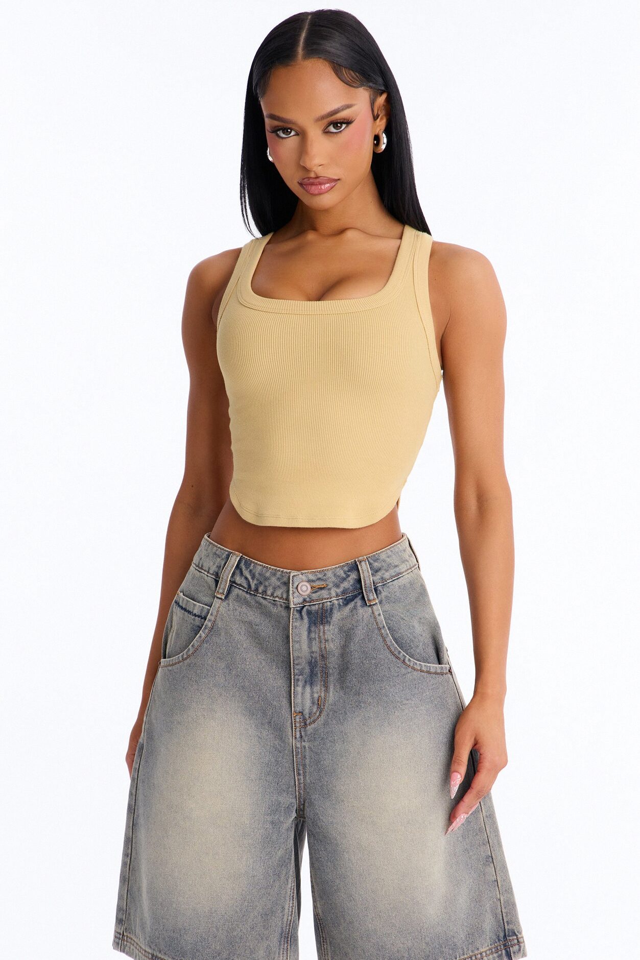 Haily Rib Square Neck Tank Top - Honey