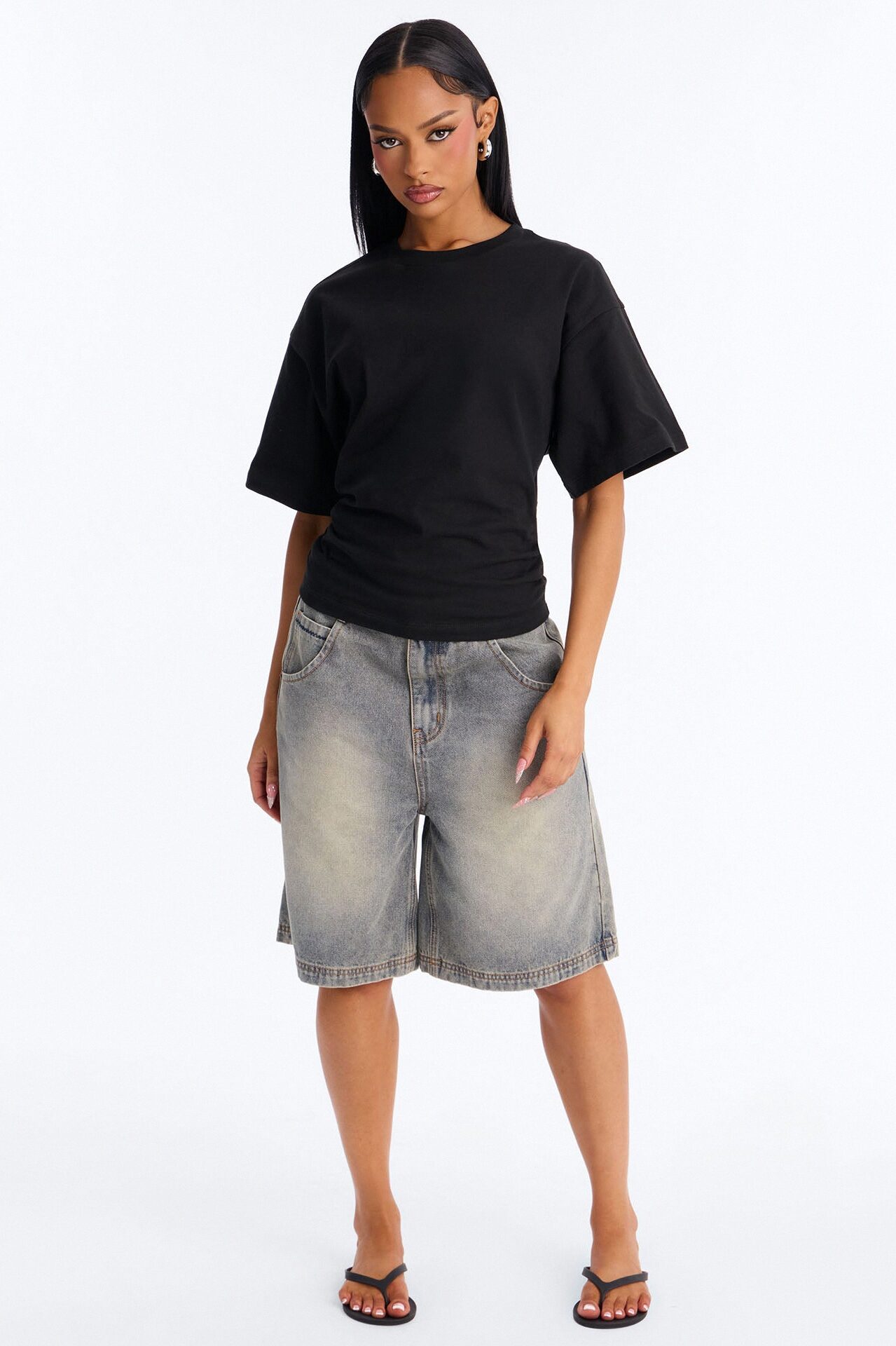 Nora Crew Neck Ruched Short Sleeve T-Shirt - Black