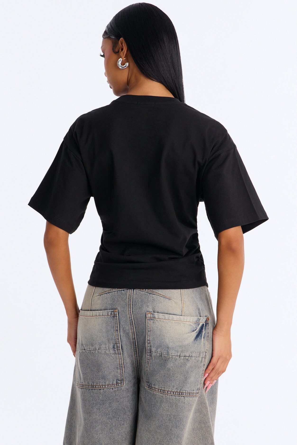 Nora Crew Neck Ruched Short Sleeve T-Shirt - Black