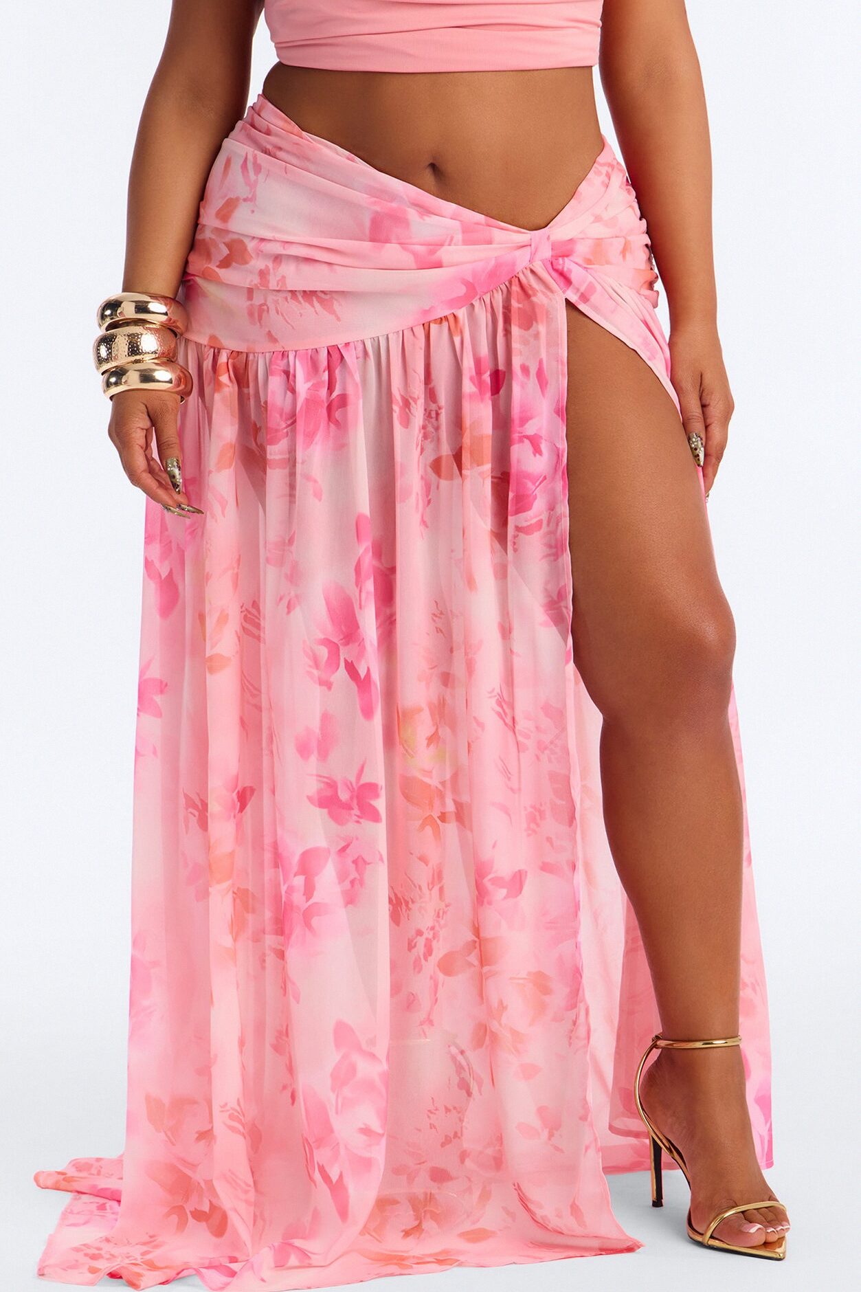 Summer Muse Floral Chiffon High Slit Maxi Skirt - Pink/combo