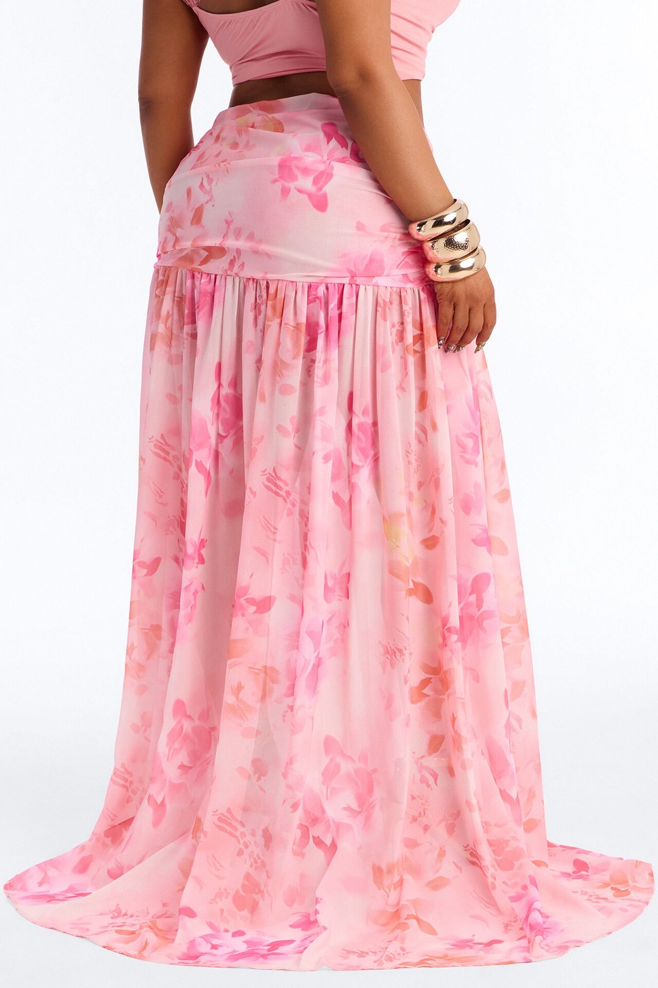 Summer Muse Floral Chiffon High Slit Maxi Skirt - Pink/combo