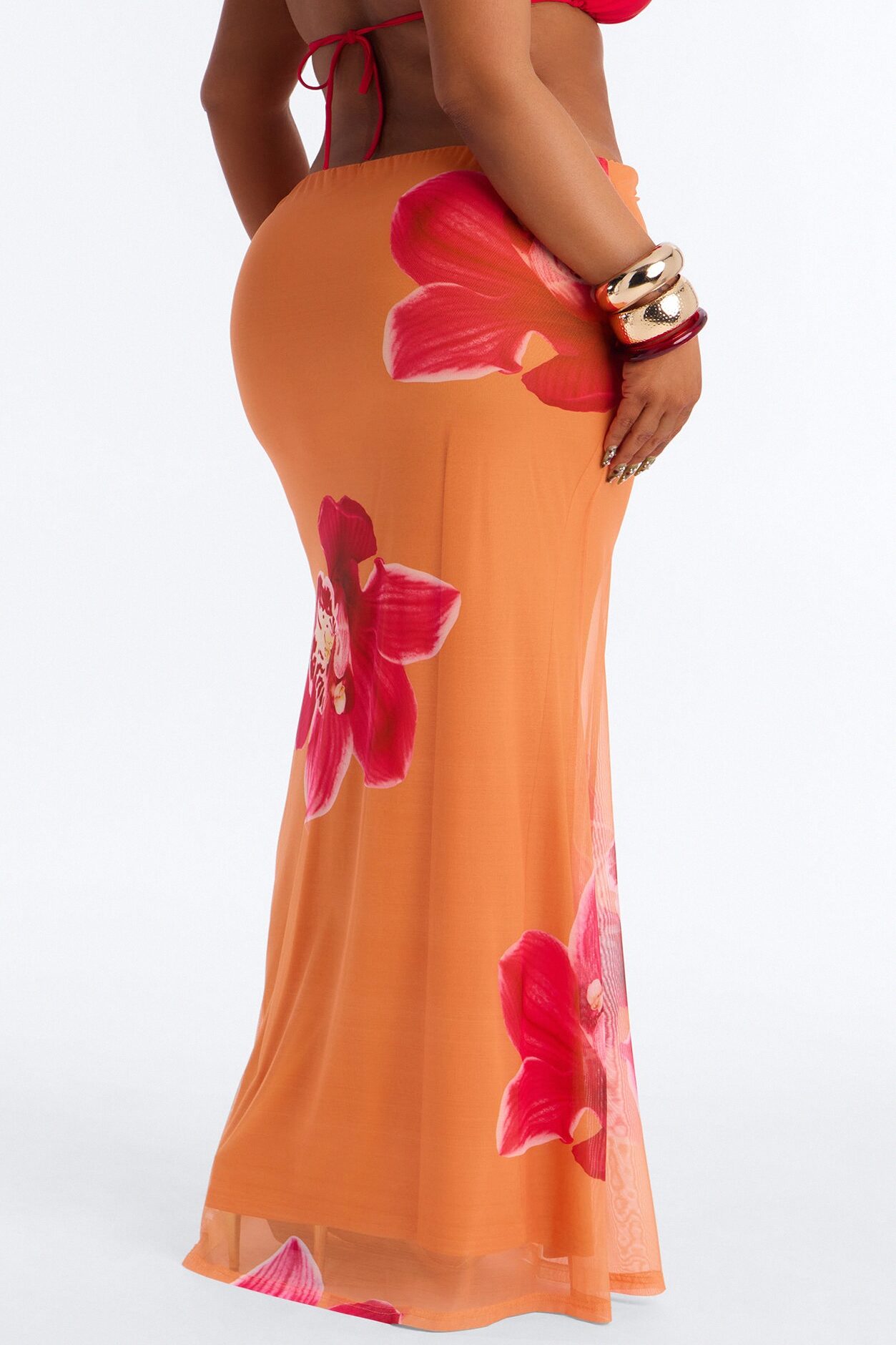 Summer Floral Mesh Maxi Skirt - Orange/combo