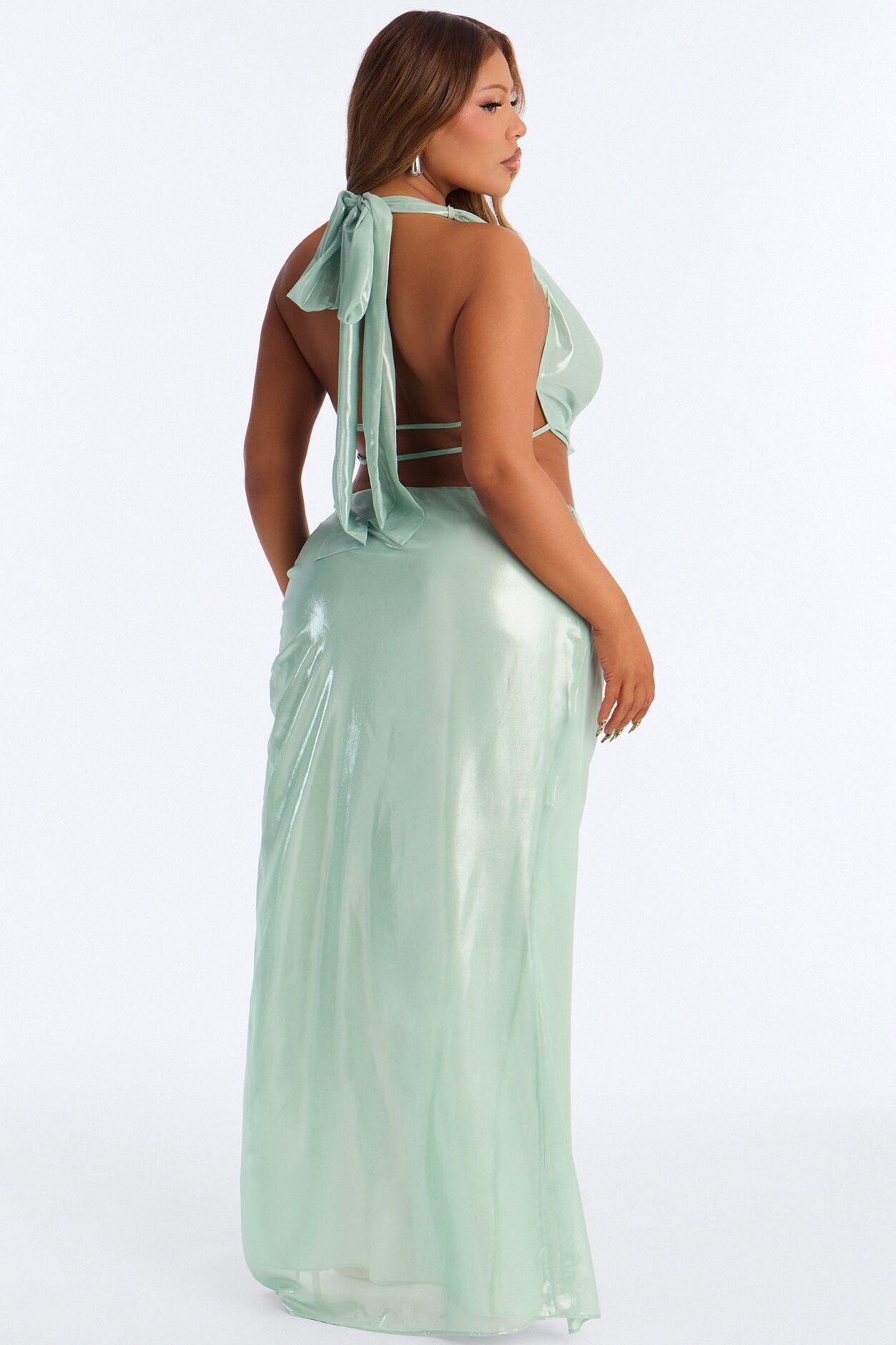 Moonlight Metallic Chiffon Maxi Skirt Set - Mint