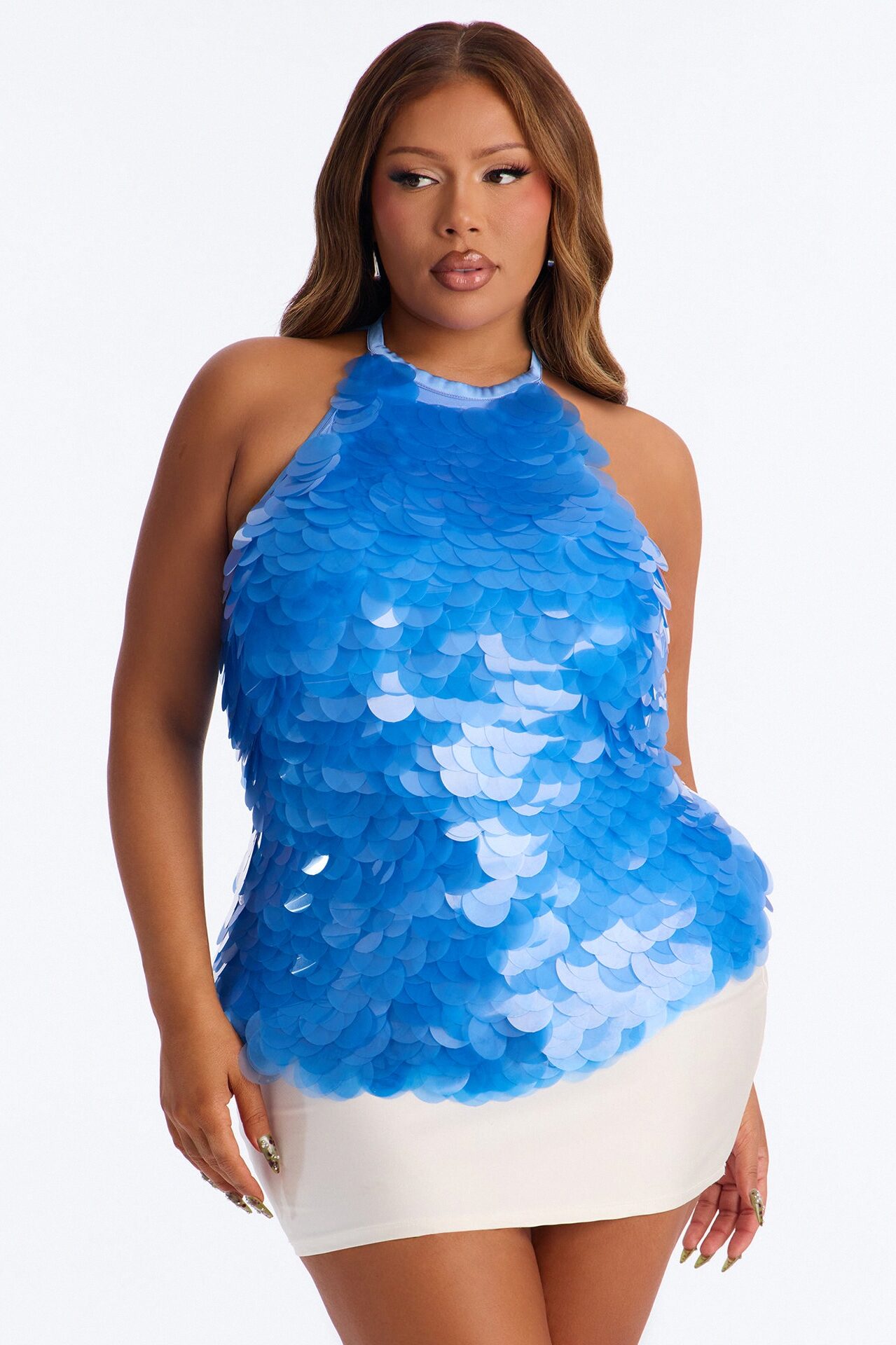 Tropical Glow Sequin Halter Top - Blue