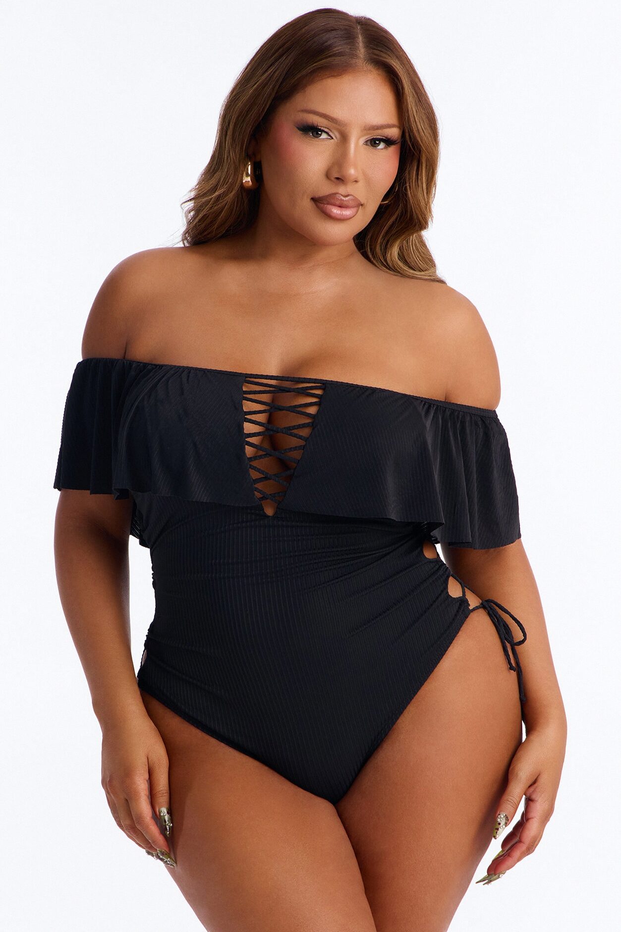 Take One Shoulder Ruffle Sleeve Lace Down Ribbed 1 Piece Swimsuit - Black