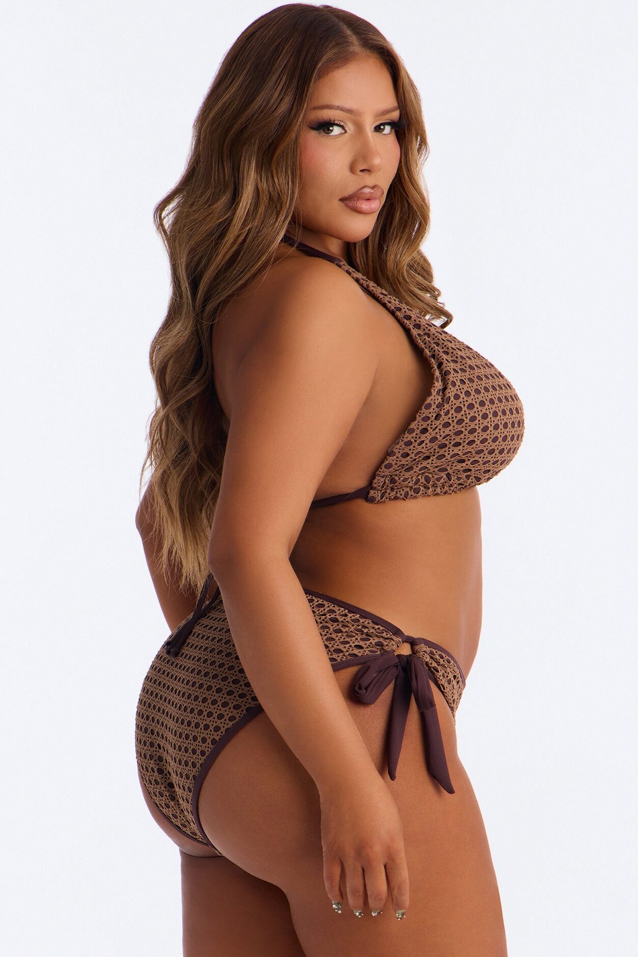 Running By The Shore Ribbed Charm Trim Side Lace Up 2 Piece Bikini - Brown