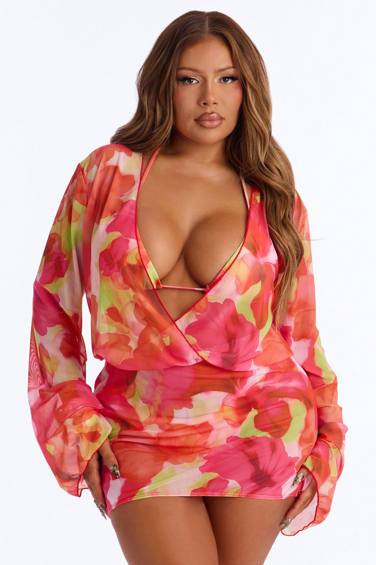 Take A Dip Floral 3 Piece Bikini & Mini Dress Sunsuit - Orange/combo