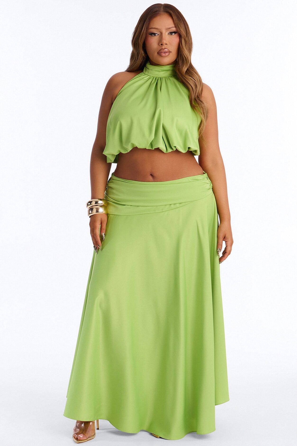Gemma Satin Halter Skirt Set - Lime