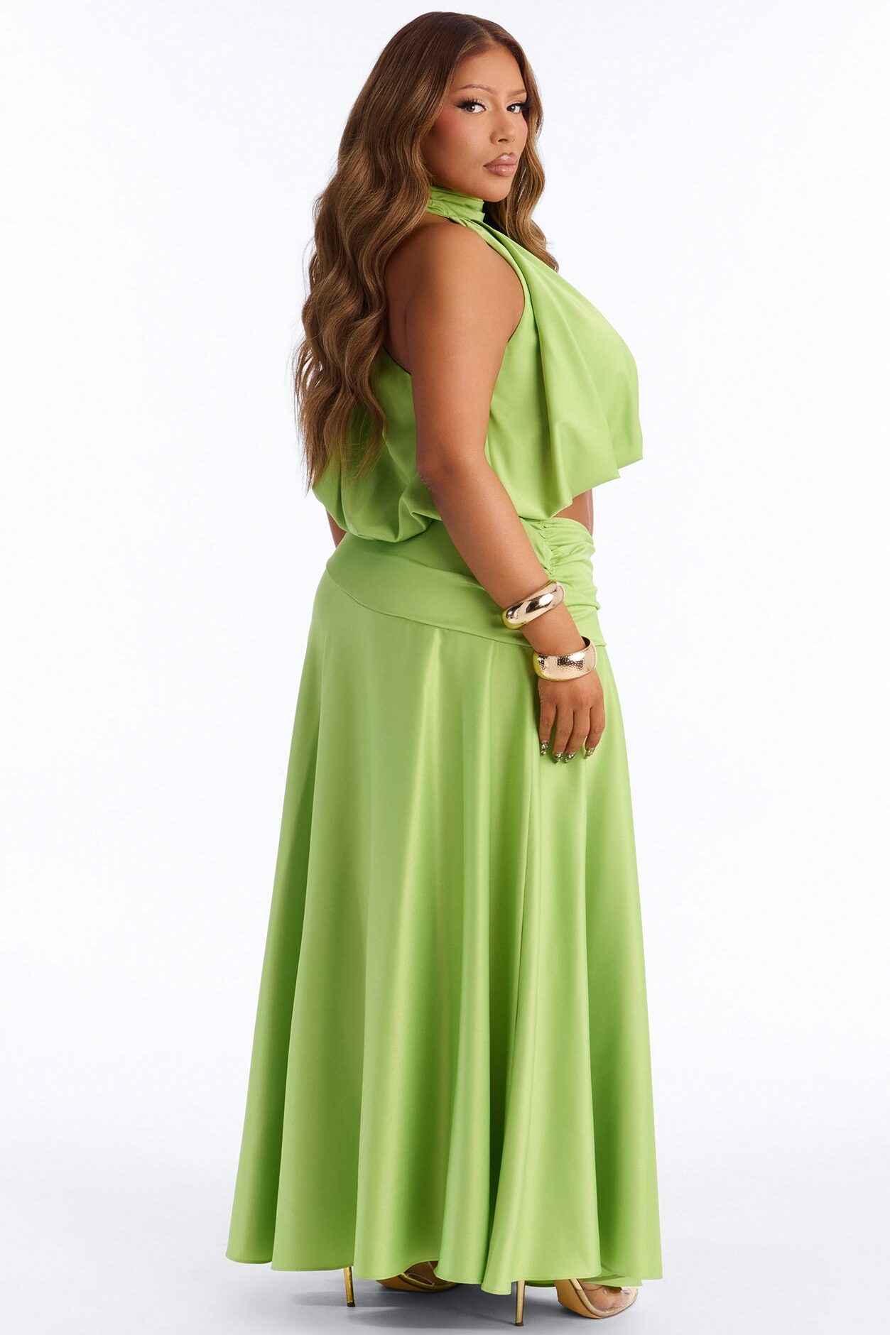 Gemma Satin Halter Skirt Set - Lime