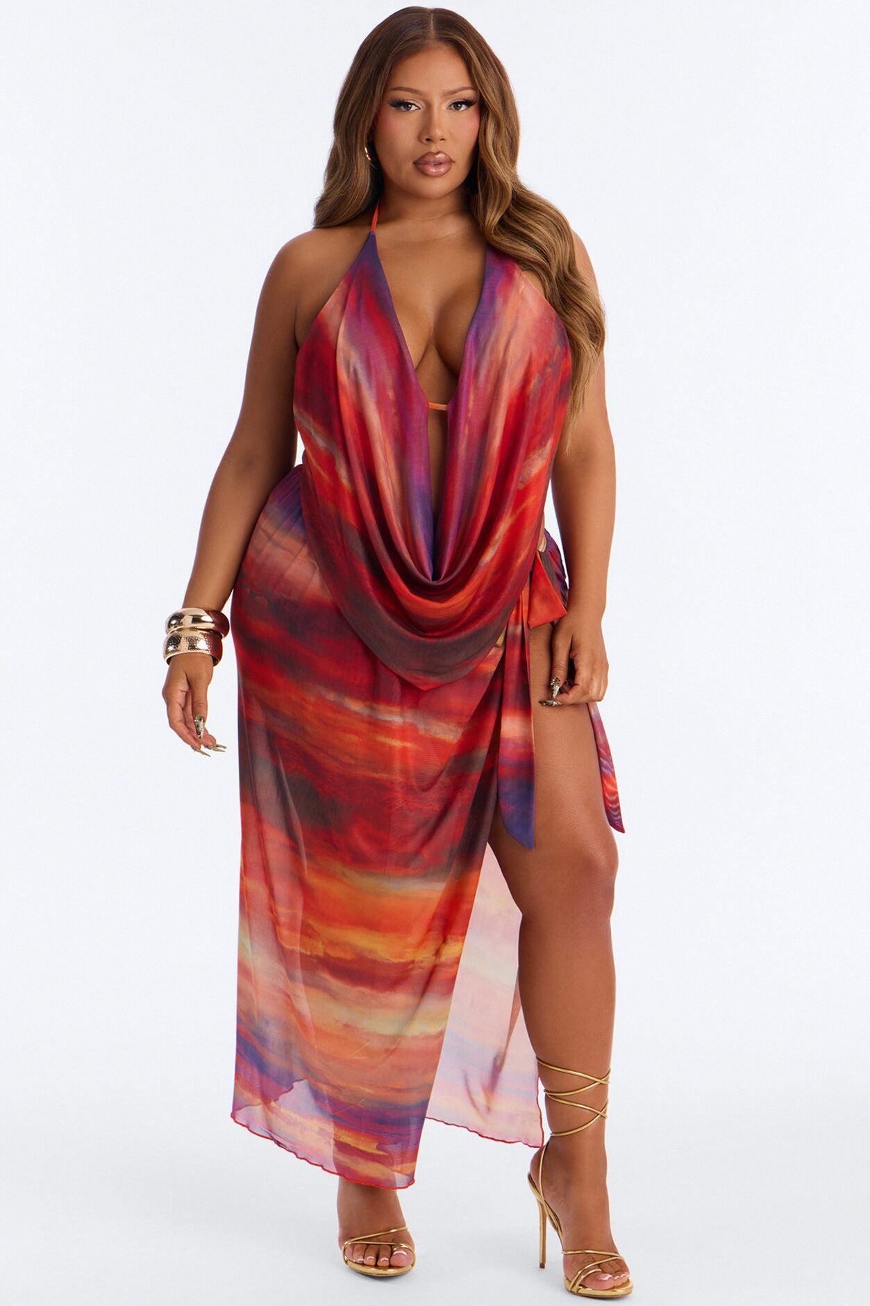 Tropical Heatwave Halter Mesh Skirt Set - Red/combo