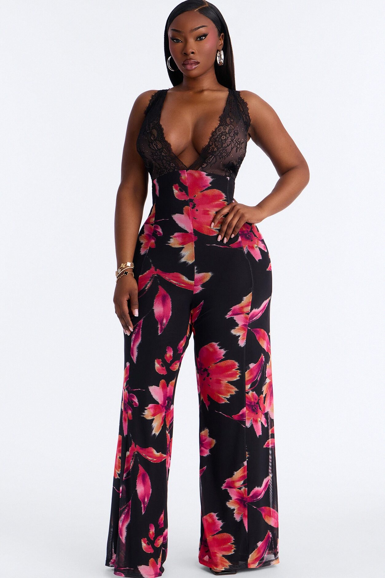 Dark Bloom Lace Floral Mesh Jumpsuit - Black/combo