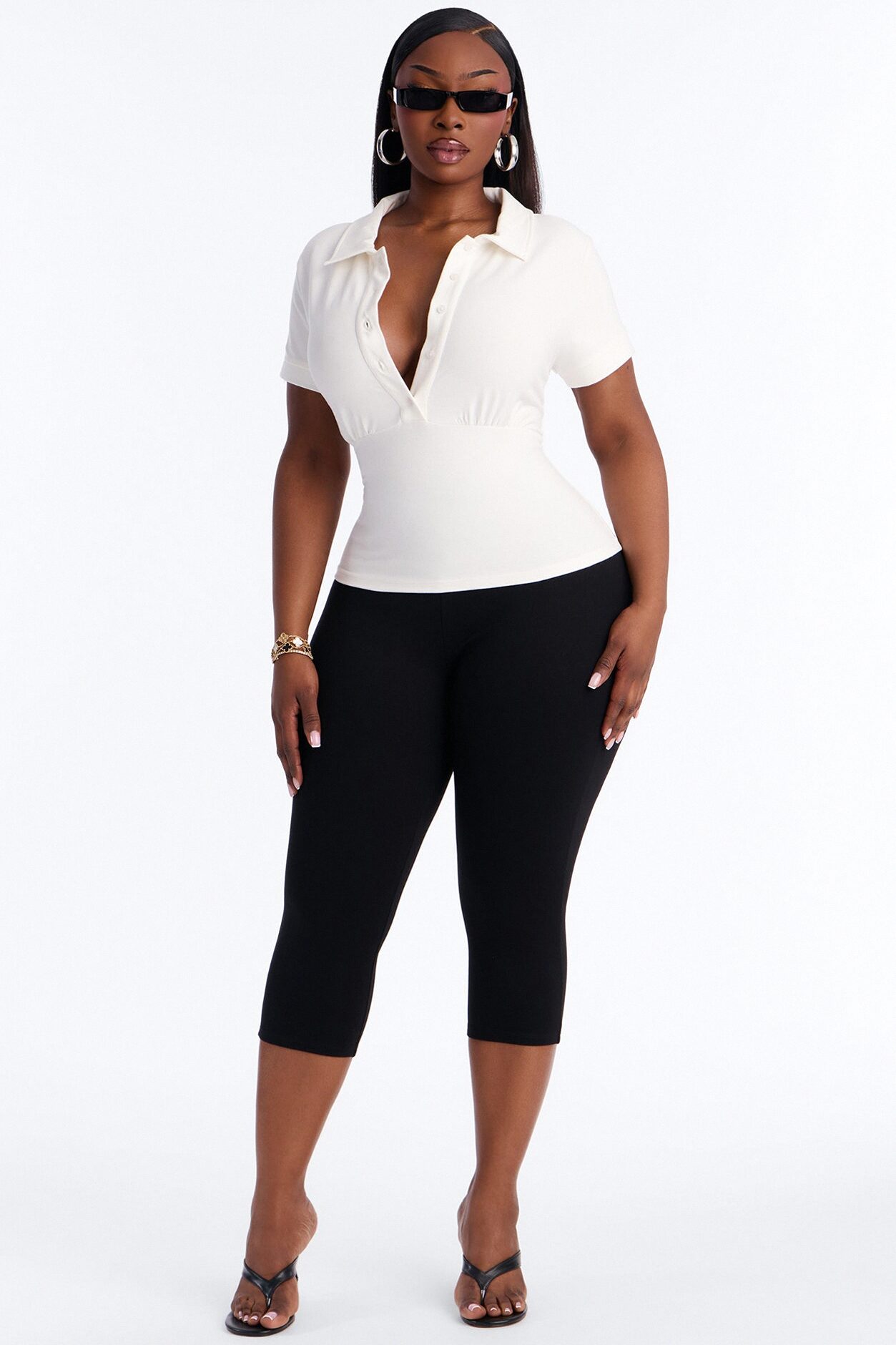 Parker Cinched Waist Short Sleeve Collared Top - White