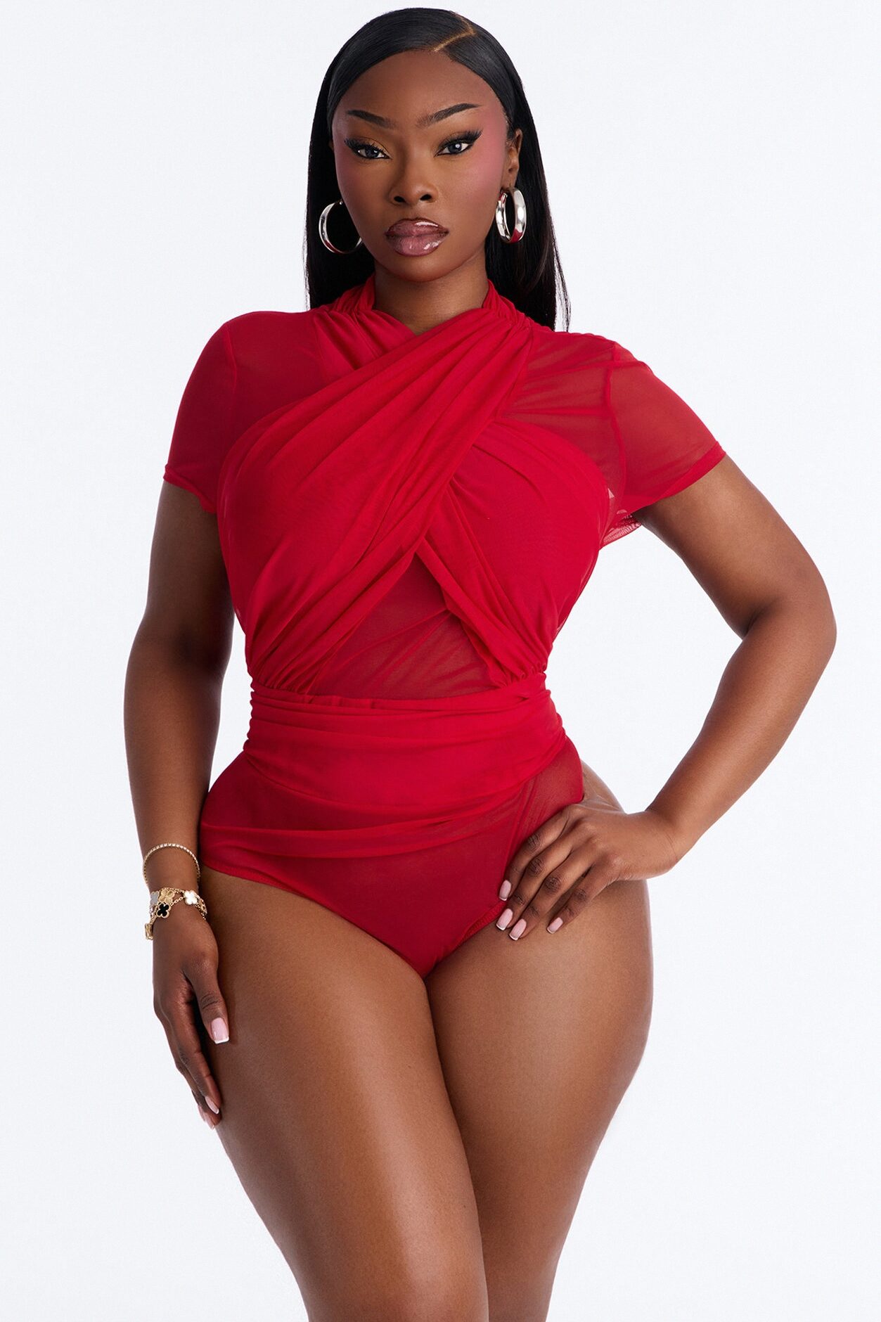 Serena Short Sleeve Mesh Bodysuit - Red