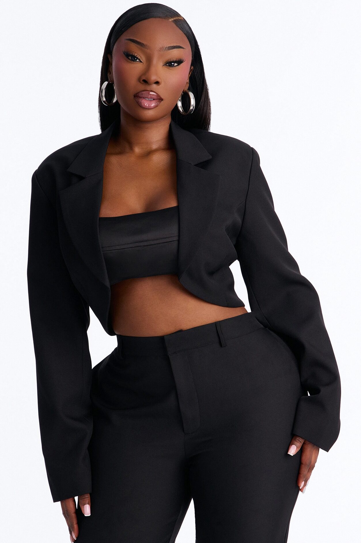 Hurst Cropped Buckle Open Front Blazer - Black