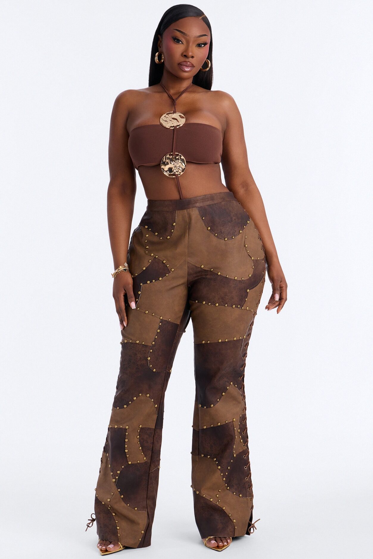 Night Claw Faux Leather Patchwork Flare Pants - Brown Combo