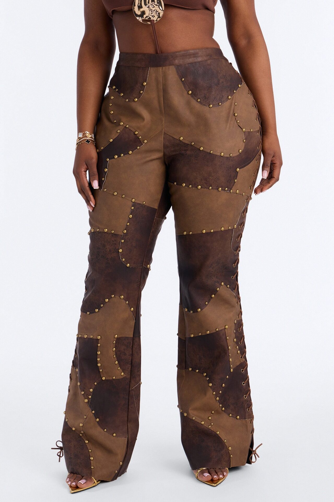 Night Claw Faux Leather Patchwork Flare Pants - Brown Combo