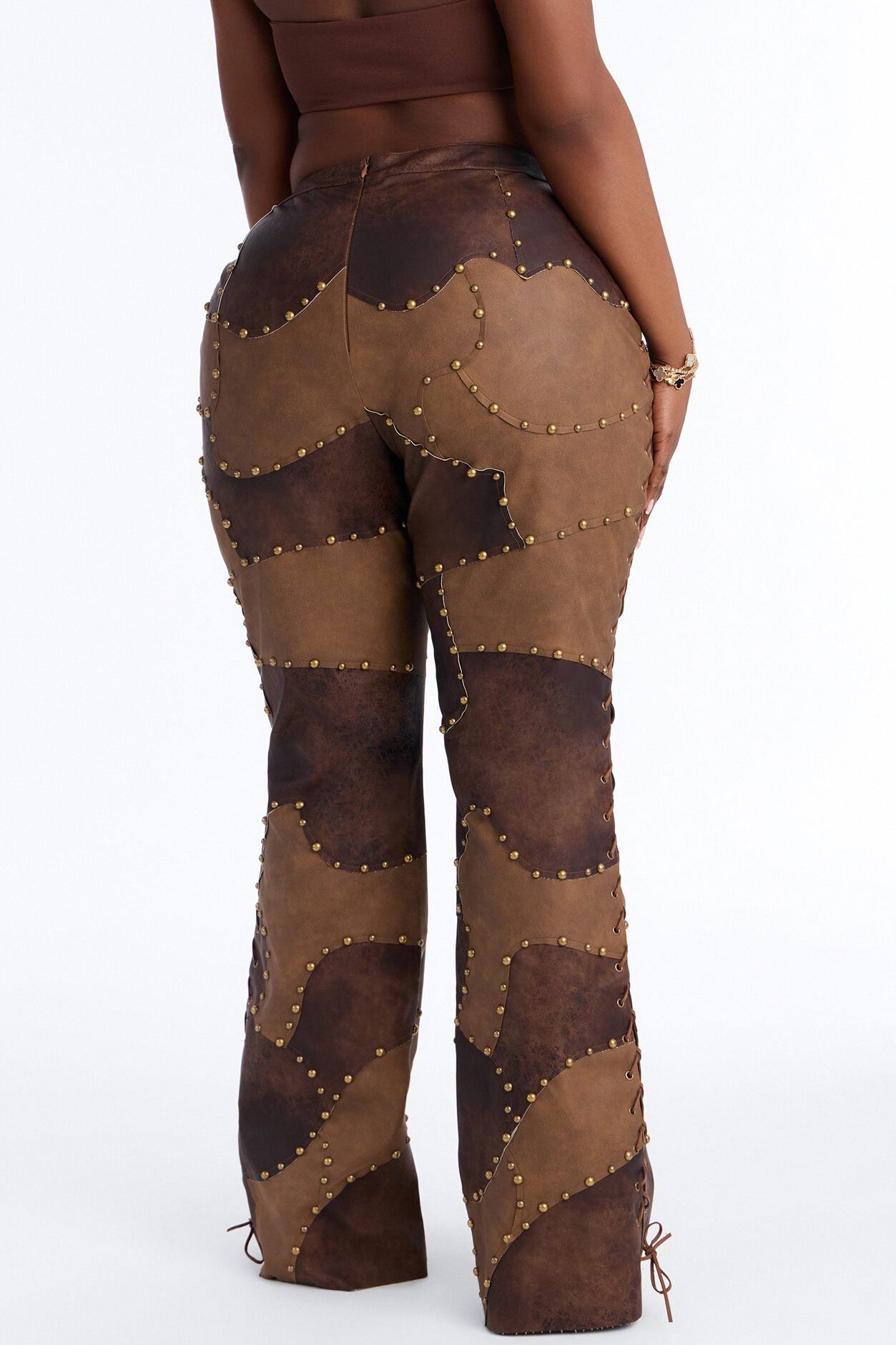 Night Claw Faux Leather Patchwork Flare Pants - Brown Combo