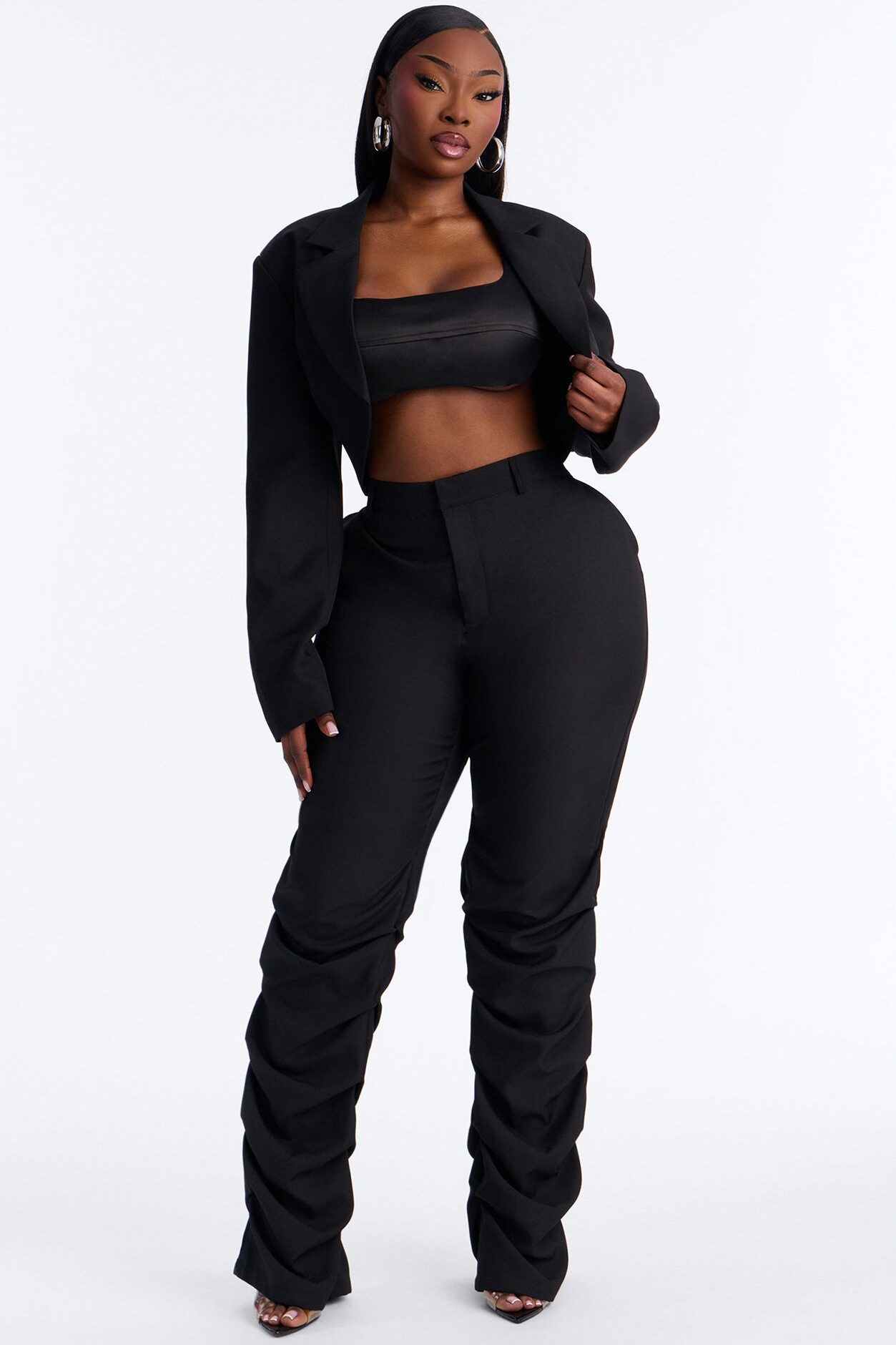Hurst Cropped Buckle Open Front Blazer - Black