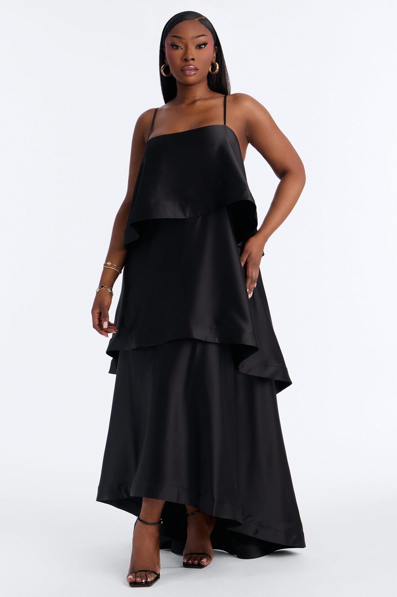 Rowen Tiered Satin Gown - Black