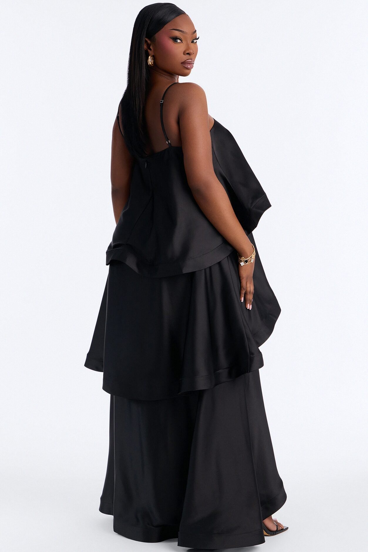 Rowen Tiered Satin Gown - Black