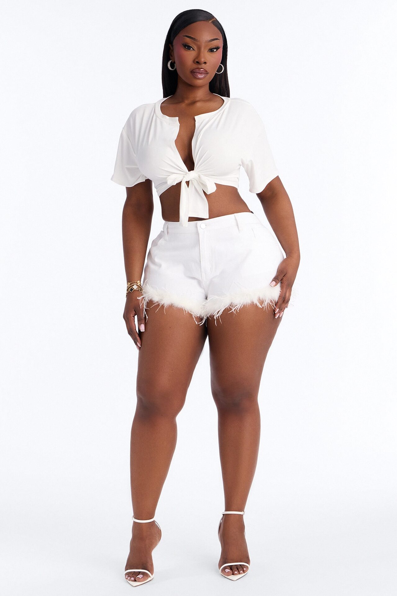 Nessa Twill Low Rise Feather Trim Micro Short - White
