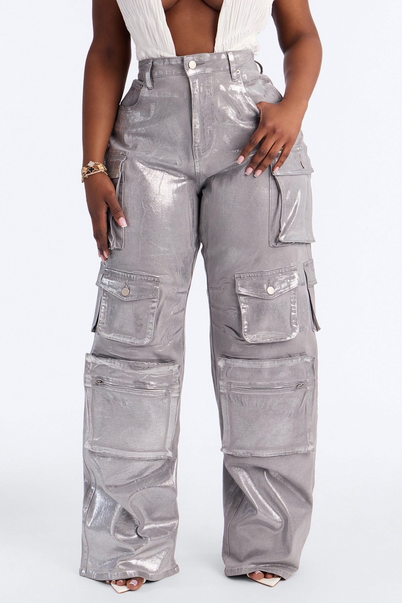 Tall Time To Shine Foil Baggy Cargo Jeans - Silver