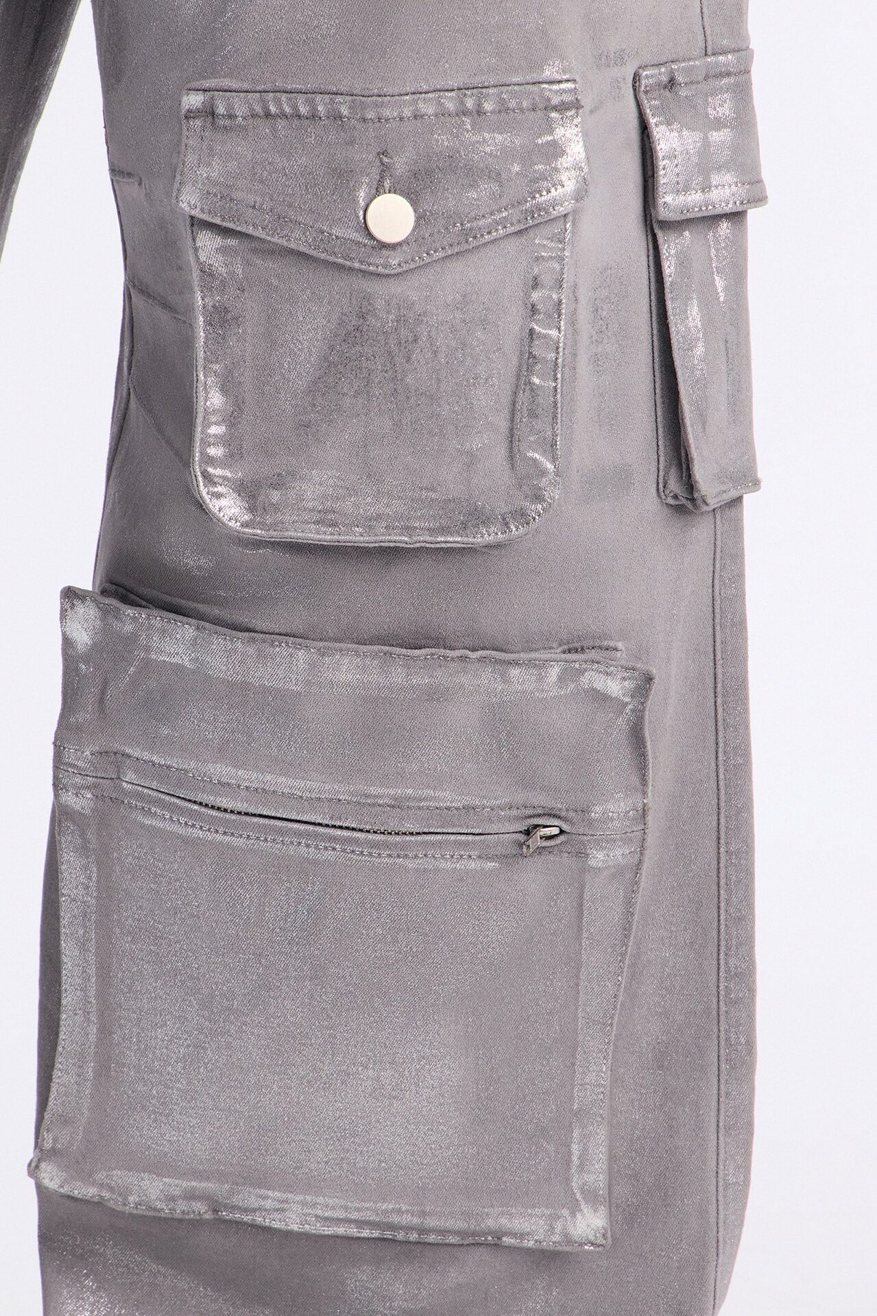 Tall Time To Shine Foil Baggy Cargo Jeans - Silver