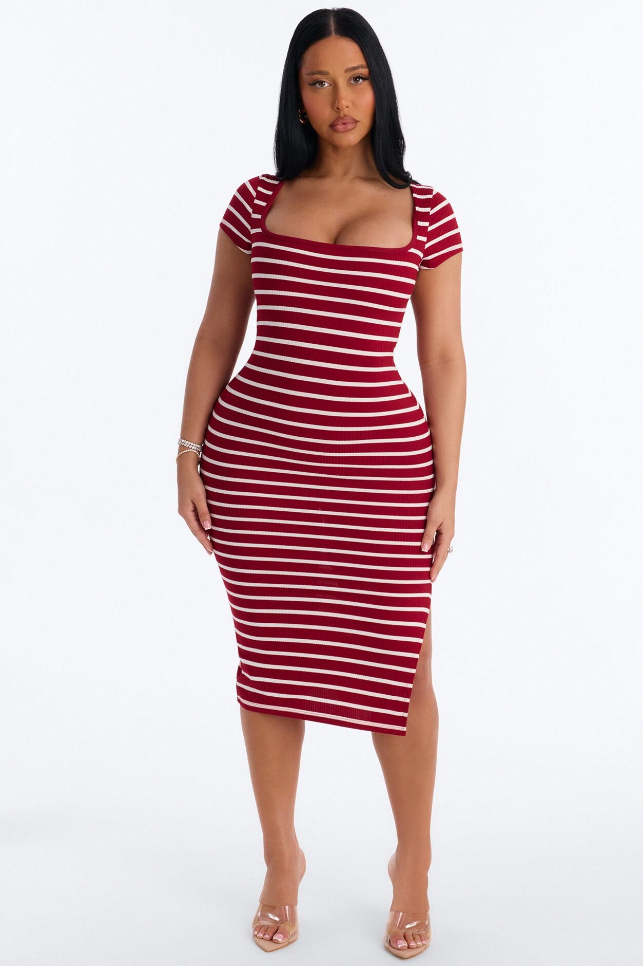 Emma Short Sleeve Striped Midi Dress - Red/White