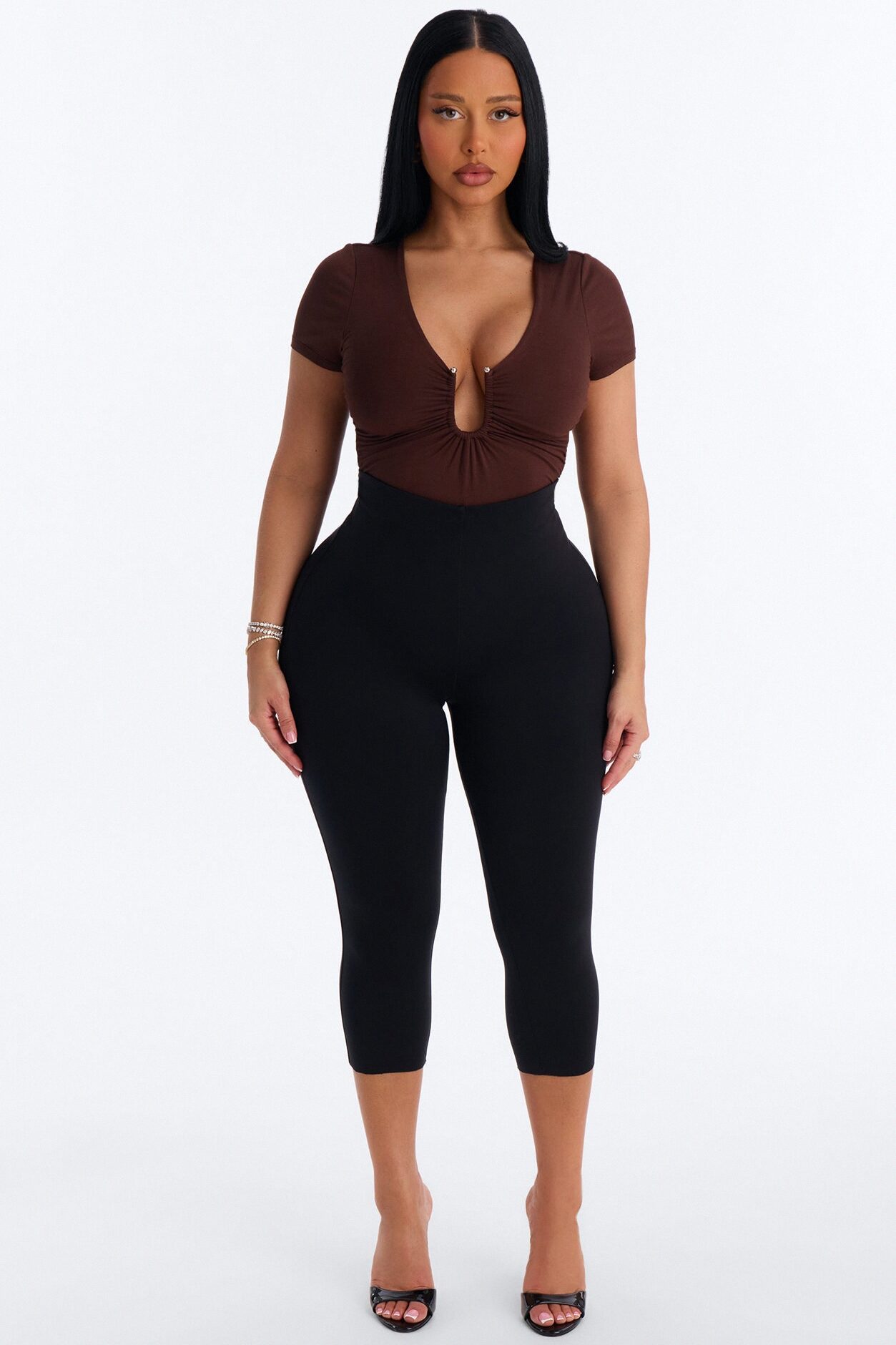 Danielle Deep V Neck Short Sleeve Bodysuit - Brown