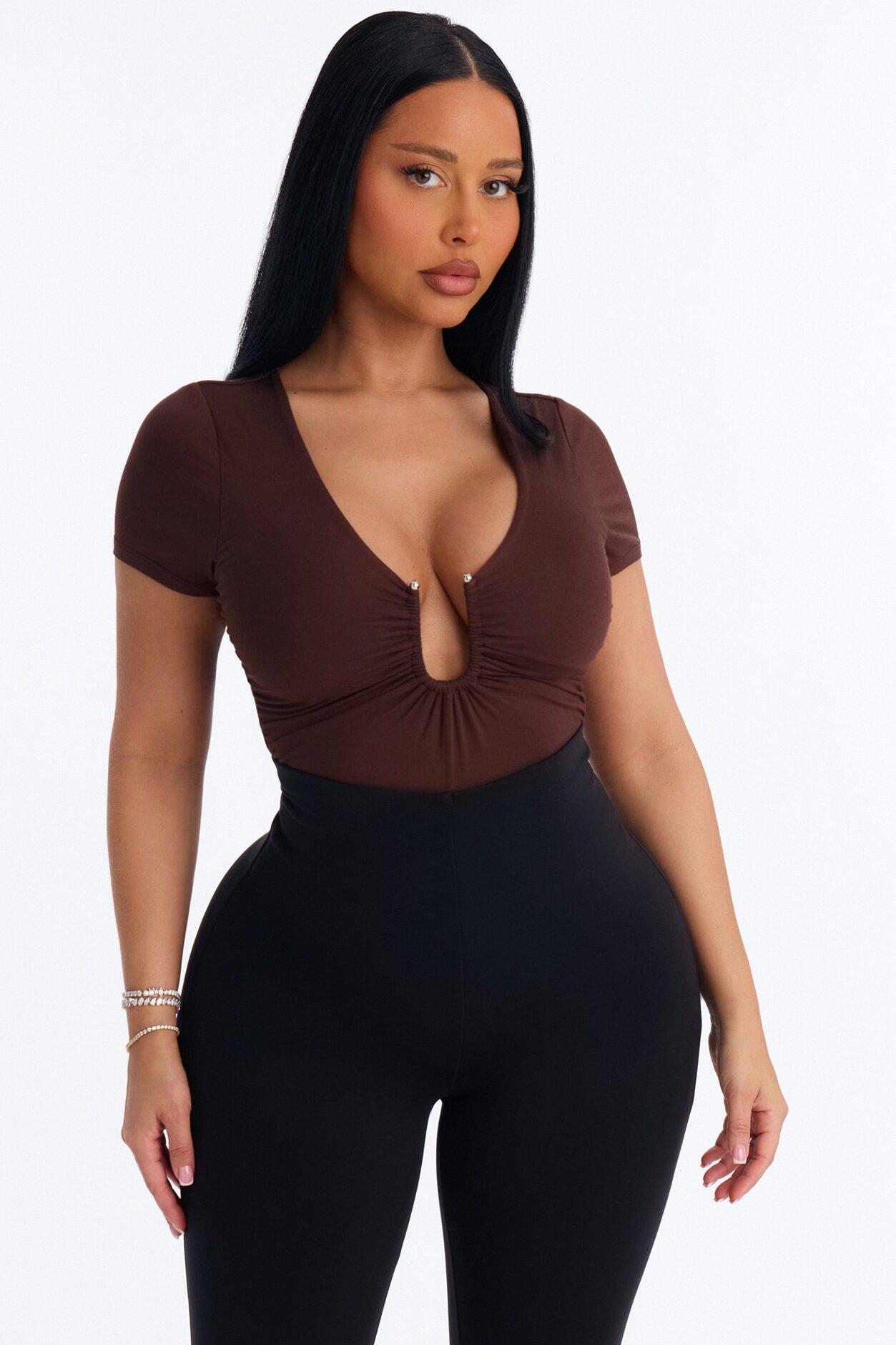 Danielle Deep V Neck Short Sleeve Bodysuit - Brown