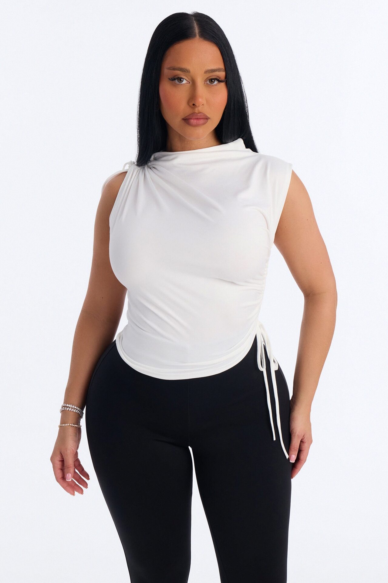 Devon Ruched Drawstring Mock Neck Top - White