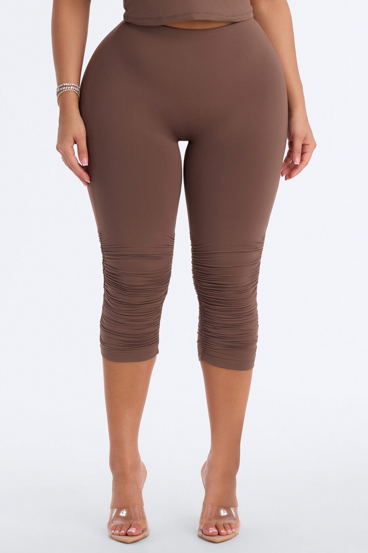 Second Skin Double Lined Ruched Low Rise Capri Legging - Brown