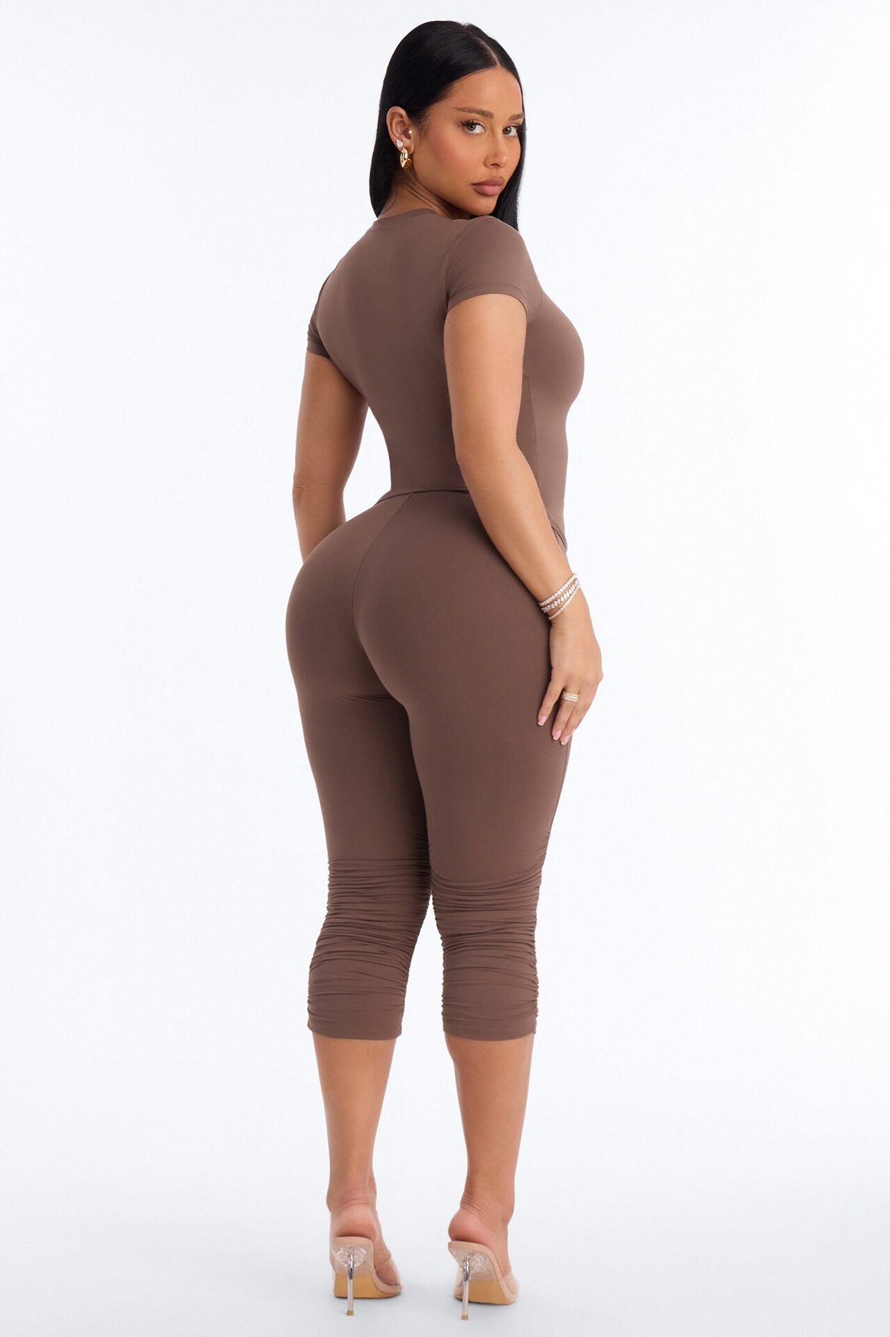 Second Skin Double Lined Ruched Low Rise Capri Legging - Brown
