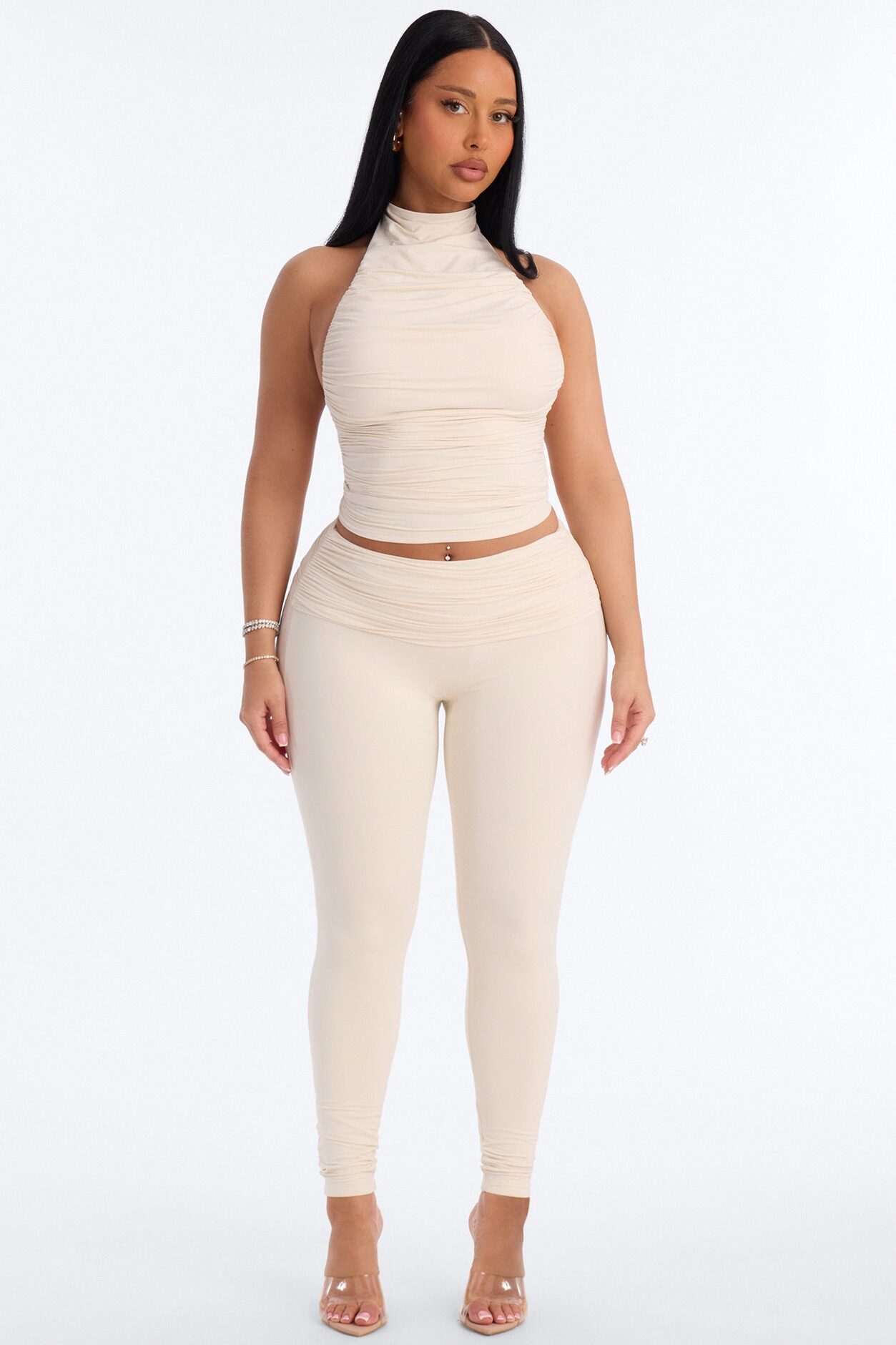 Second Skin Double Lined Ruched Mock Neck Halter Top - Bone