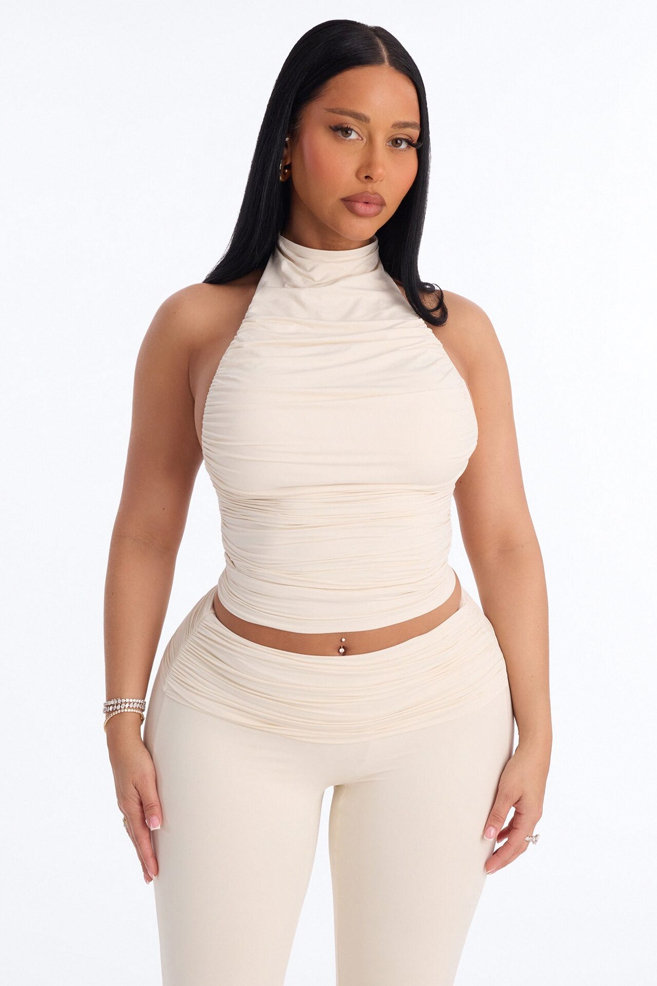 Second Skin Double Lined Ruched Mock Neck Halter Top - Bone