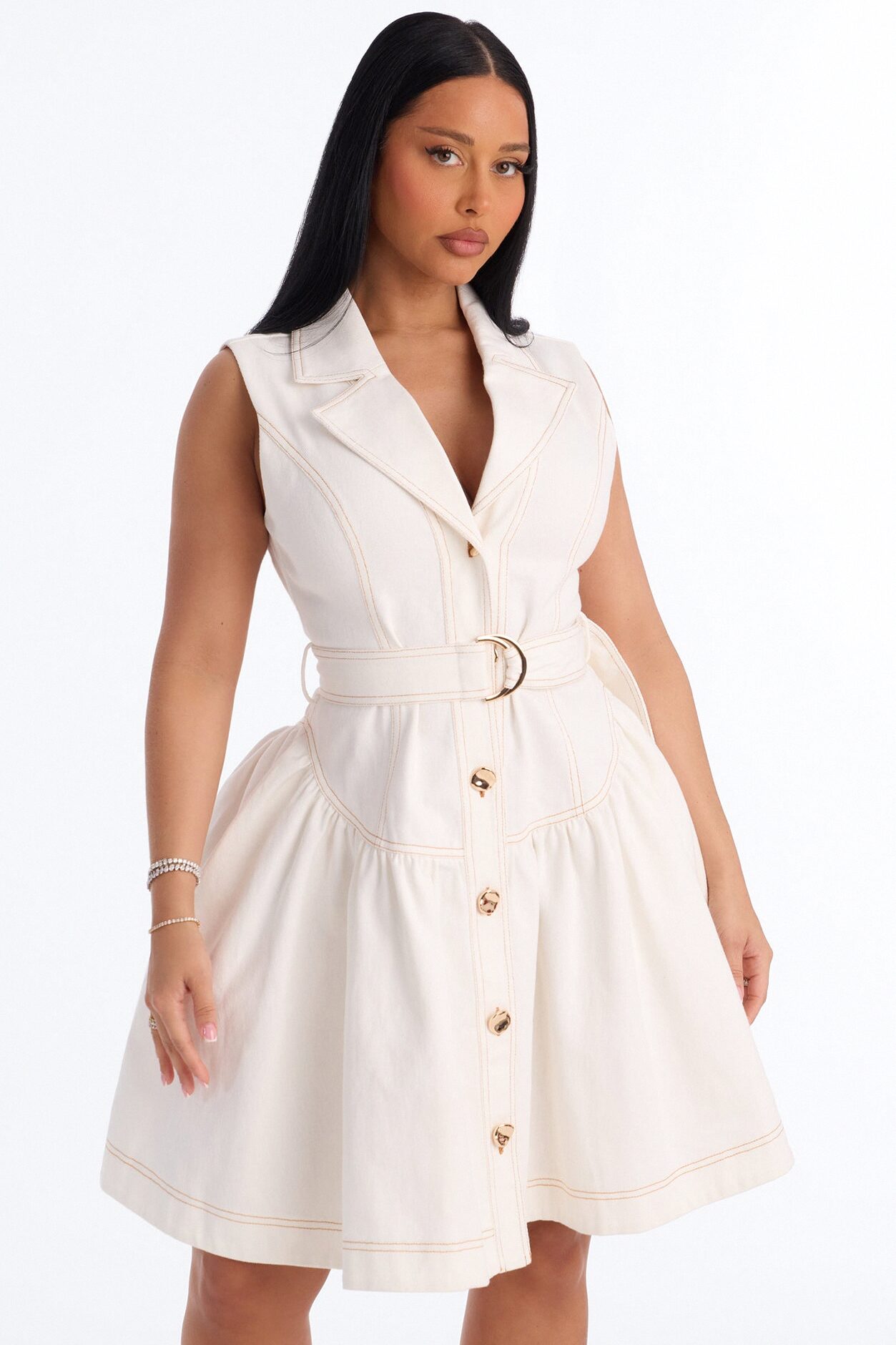 Kassandra Belted Denim Midi Dress - White